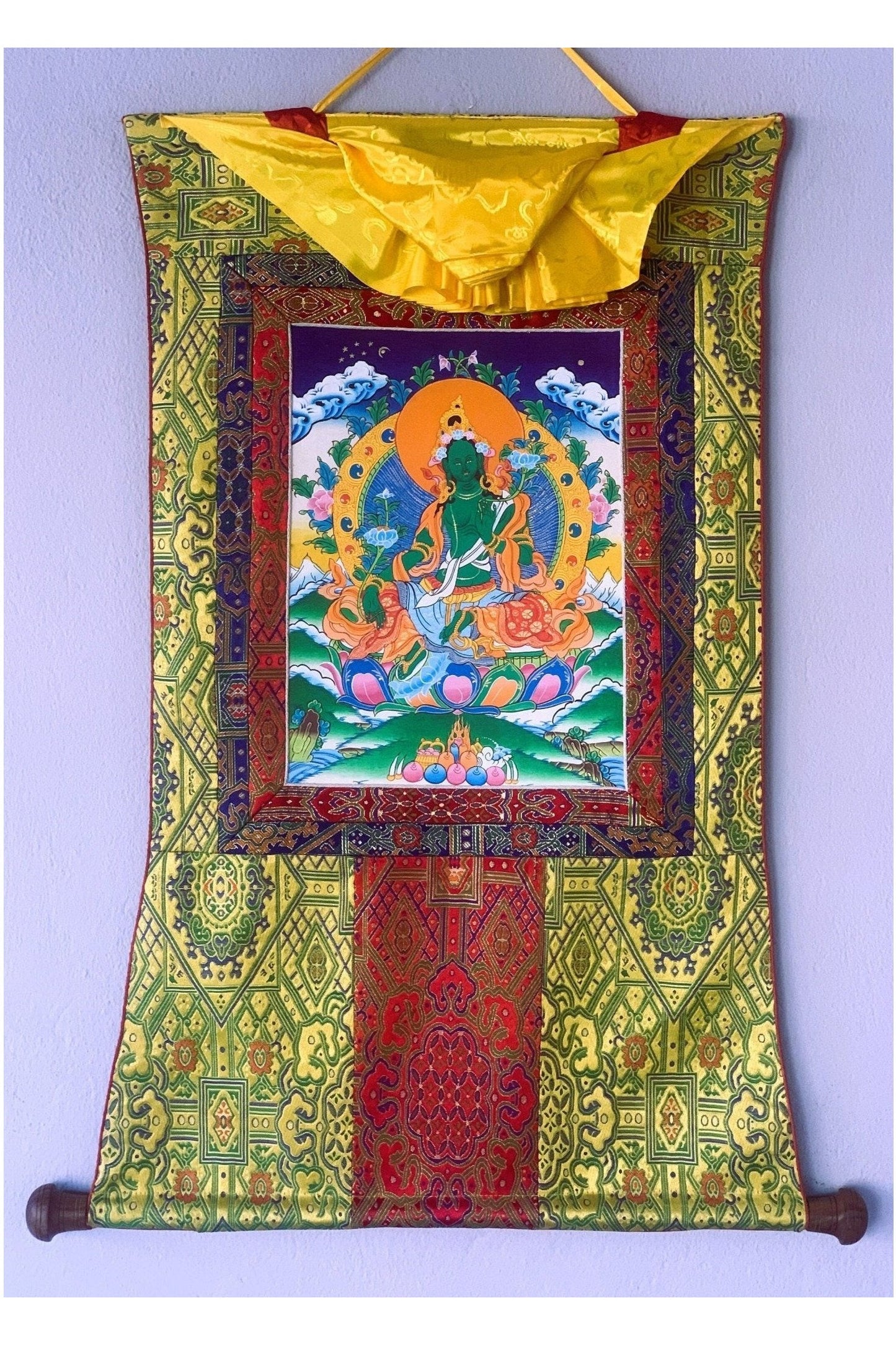 Green Tara/ Shyamatara Mother Goddess Tibetan Thangka Painting Original Hand Painting with Premium Silk Brocade - Tibetan Thangka Art