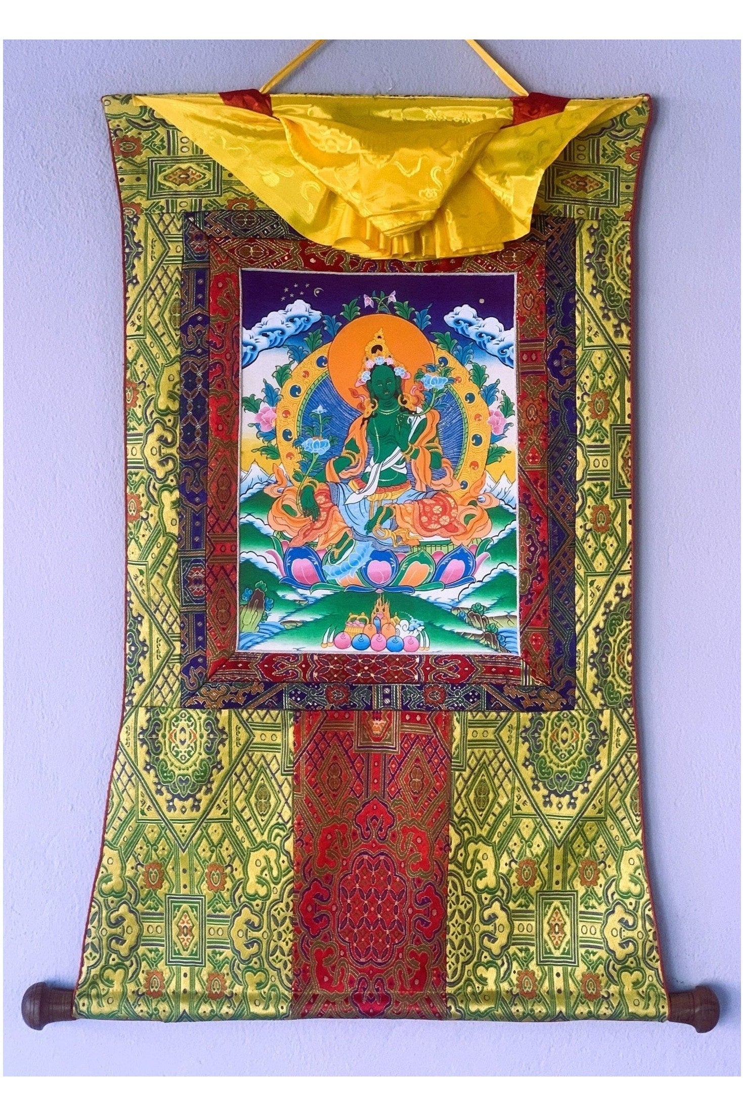 Green Tara/ Shyamatara Mother Goddess Tibetan Thangka Painting Original Hand Painting with Premium Silk Brocade - Tibetan Thangka Art