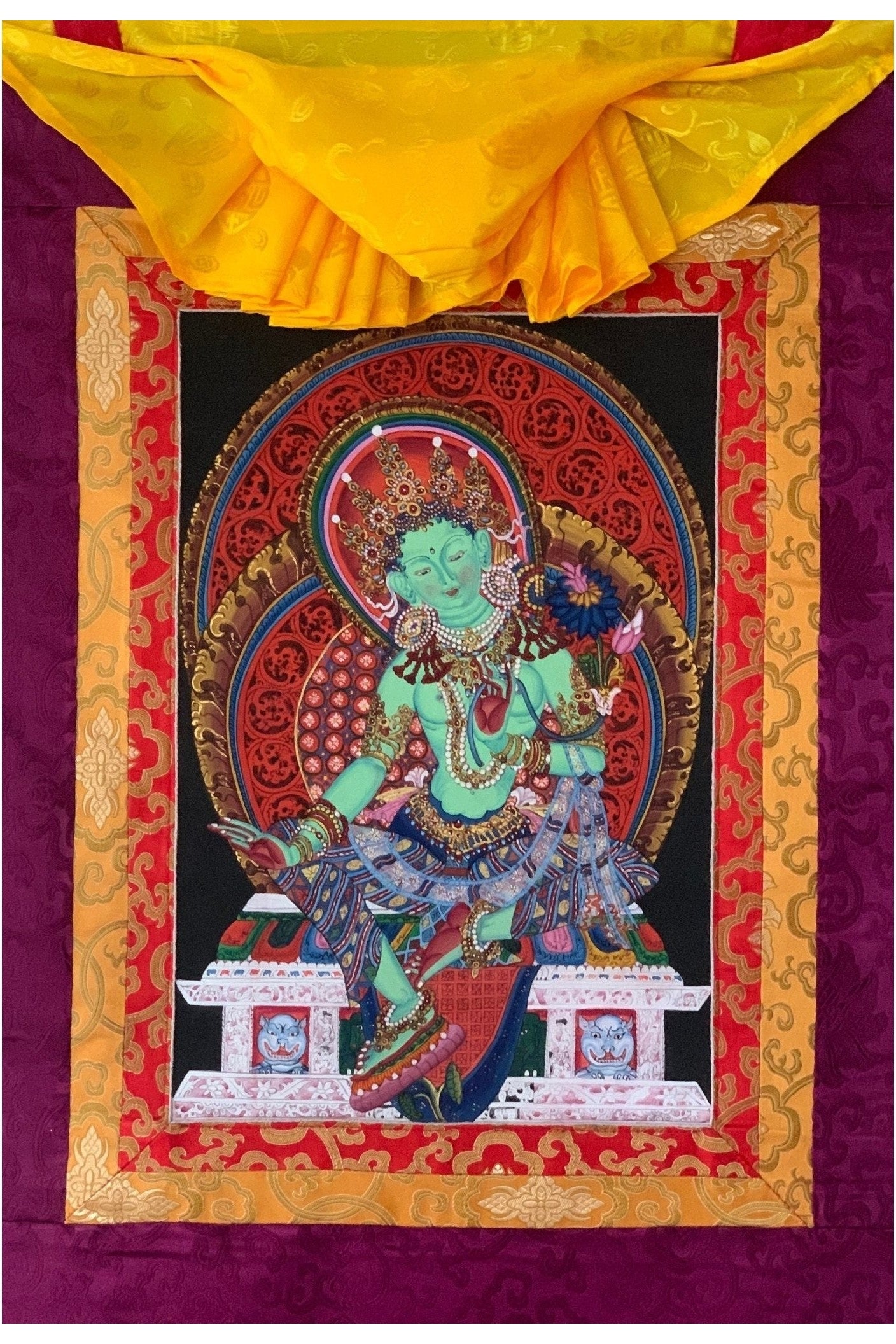 Green Tara/ Shyamatara/ Newari Pauba, Thangka Painting, Original Art with Silk Frame - Tibetan Thangka Art