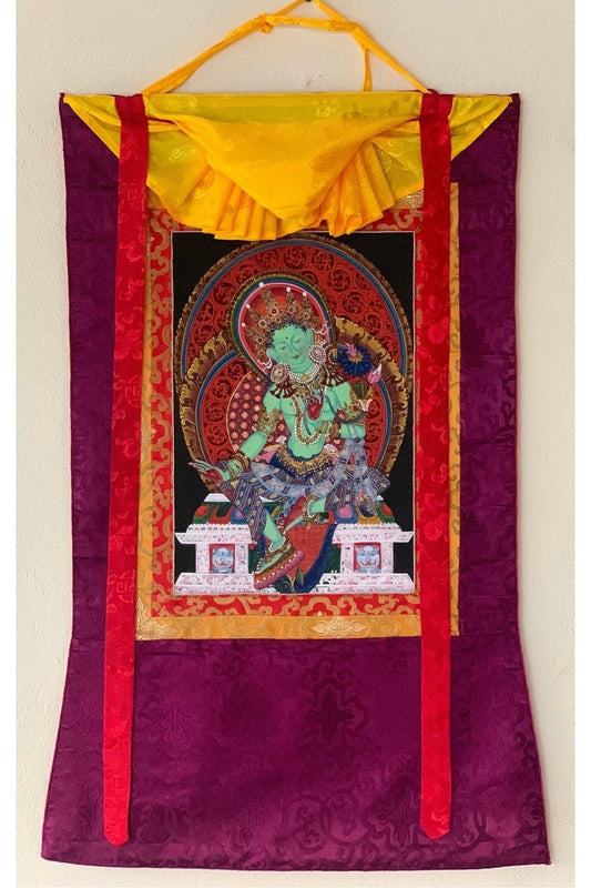 Green Tara/ Shyamatara/ Newari Pauba, Thangka Painting, Original Art with Silk Frame - Tibetan Thangka Art
