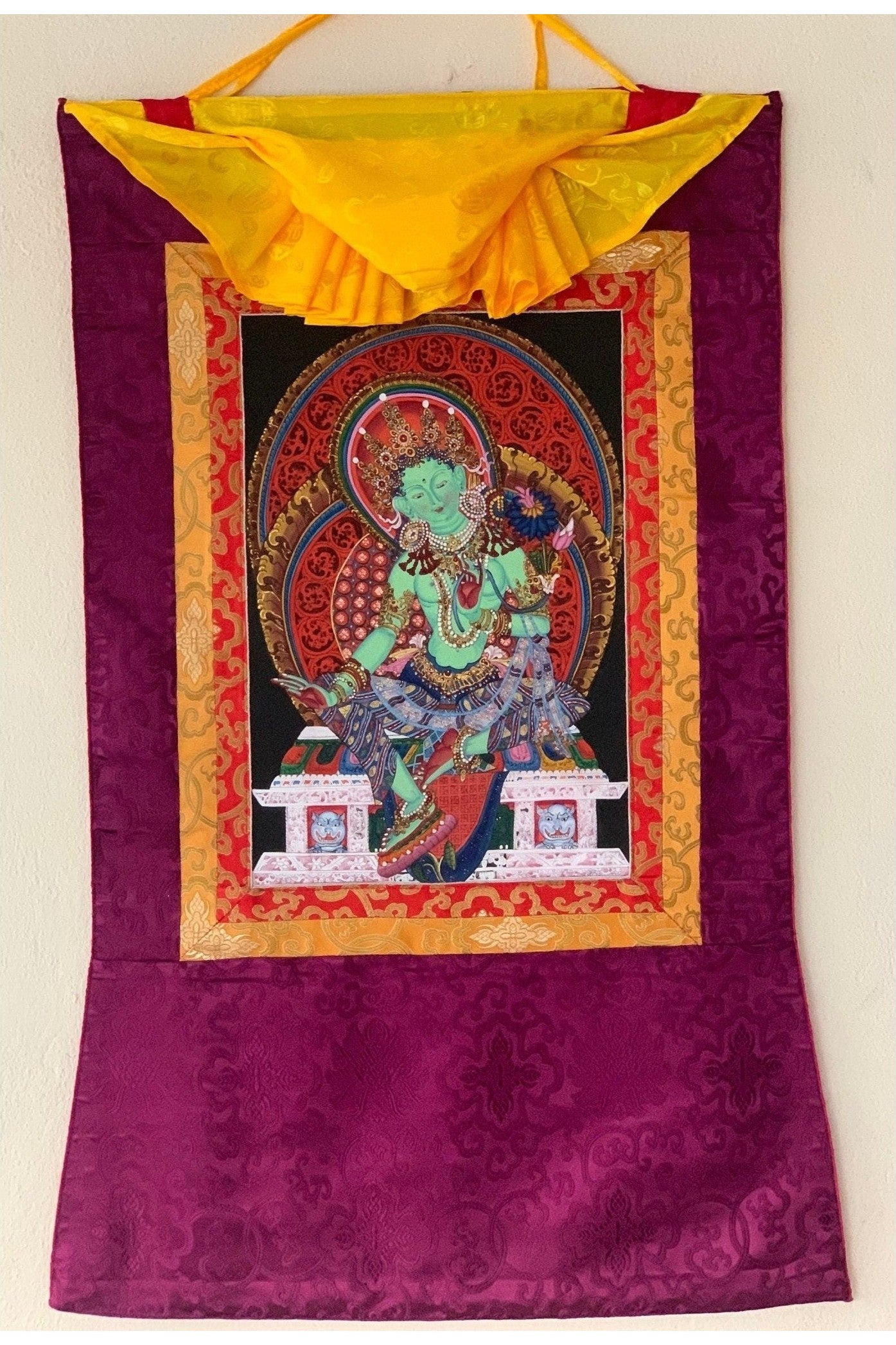 Green Tara/ Shyamatara/ Newari Pauba, Thangka Painting, Original Art with Silk Frame - Tibetan Thangka Art