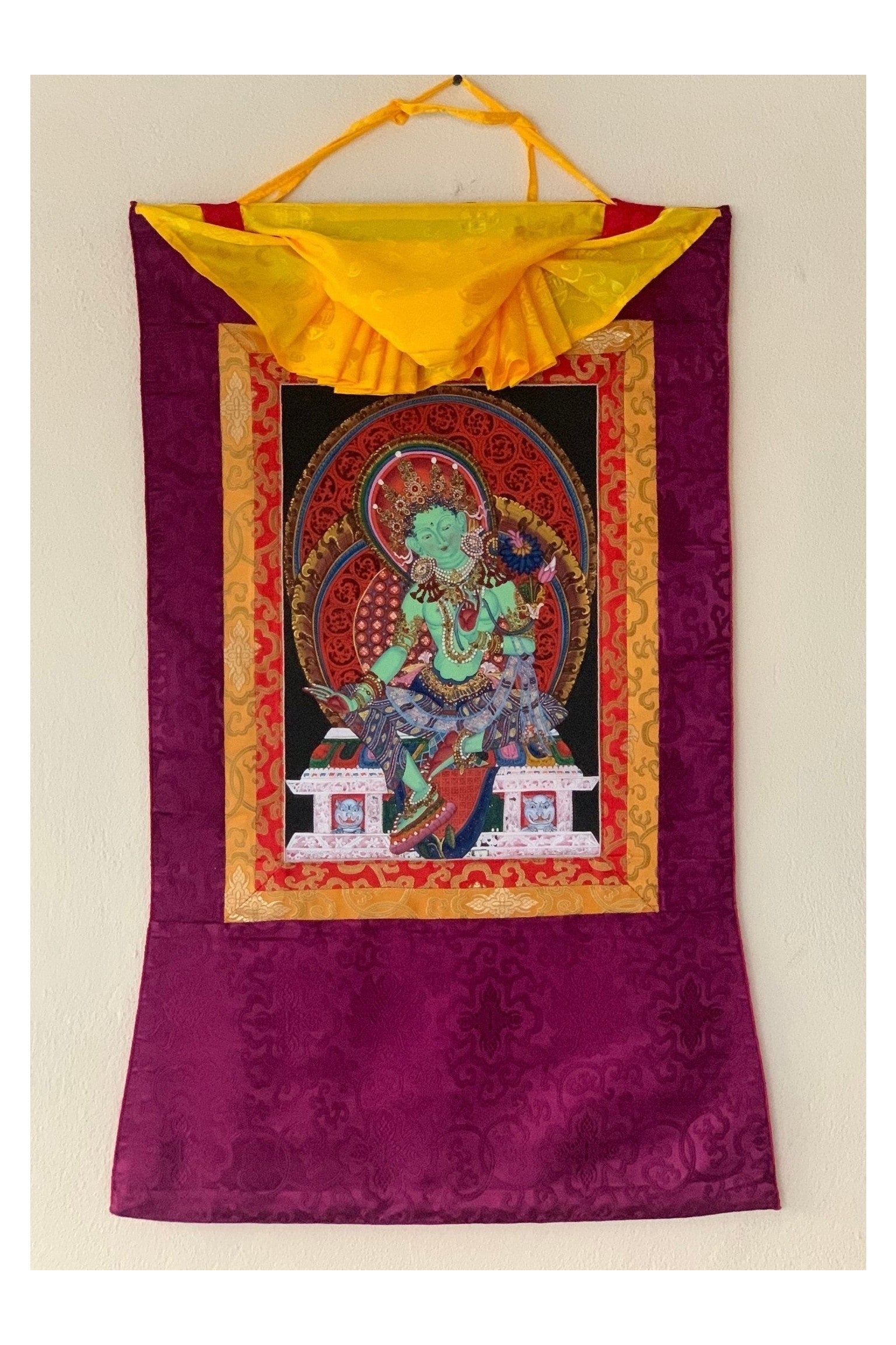 Green Tara/ Shyamatara/ Newari Pauba, Thangka Painting, Original Art with Silk Frame - Tibetan Thangka Art