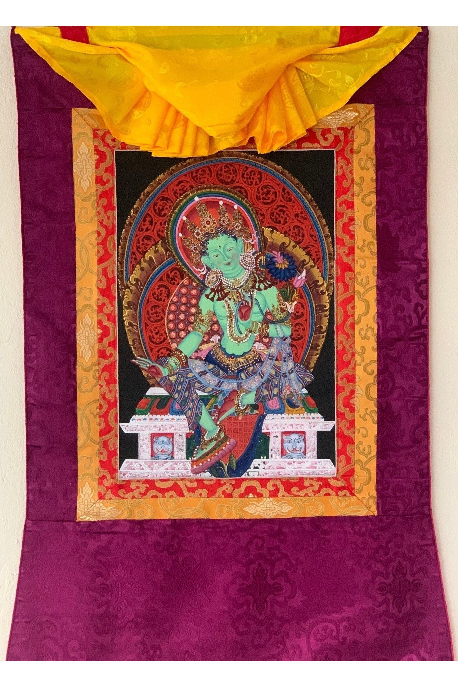 Green Tara/ Shyamatara/ Newari Pauba, Thangka Painting, Original Art with Silk Frame - Tibetan Thangka Art