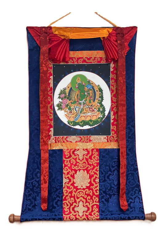 Green Tara/ Shyamatara/Tibetan Thangka Painting Original Hand - painted Meditation Healing Art with Silk Brocade - Tibetan Thangka Art