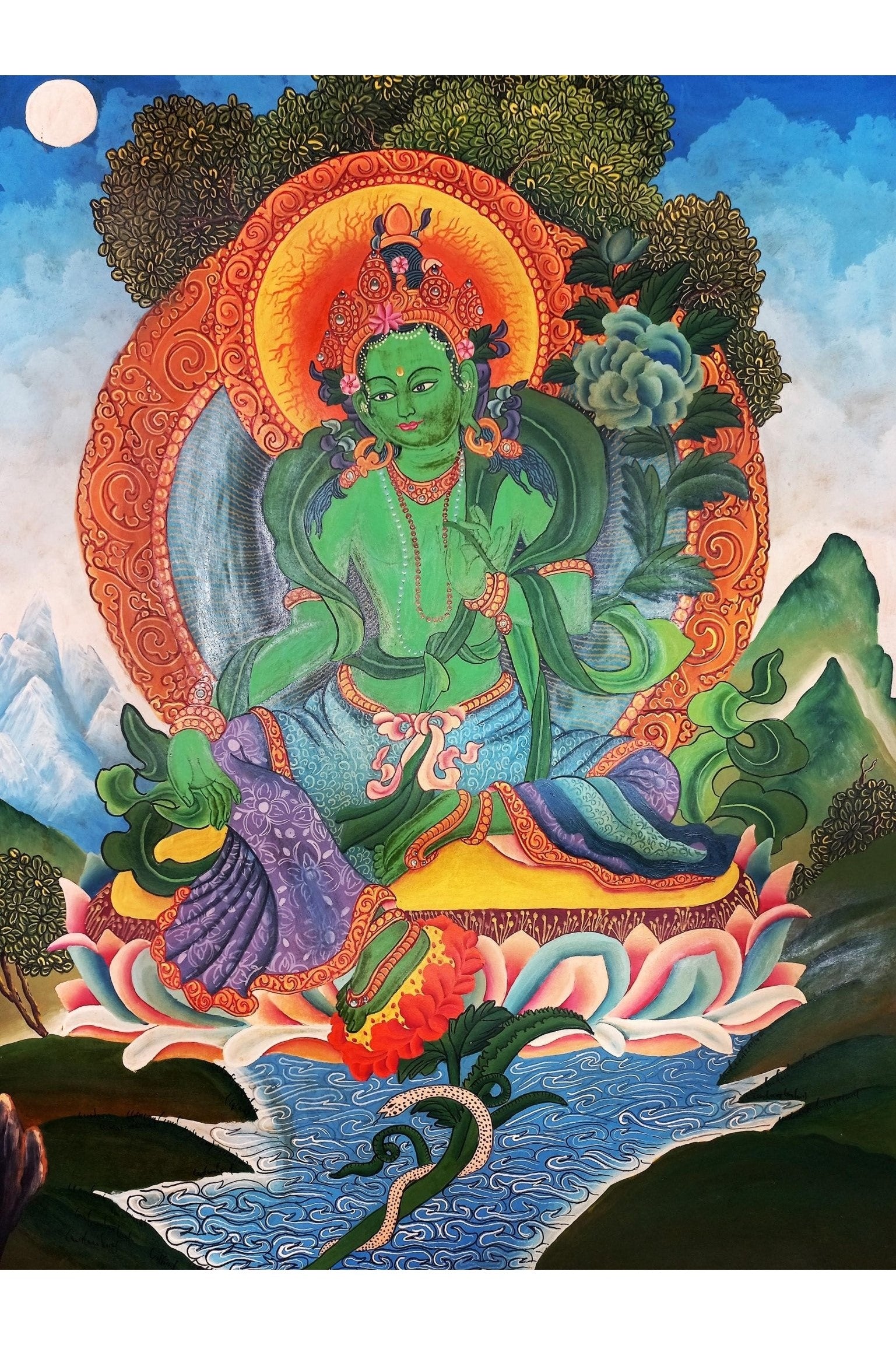 Green Tara Smoky Newari Paubha Painting | Hand - Painted Masterpiece Thangka Painting Original Hand - Painting/ Buddhist Art from Nepal - Tibetan Thangka Art
