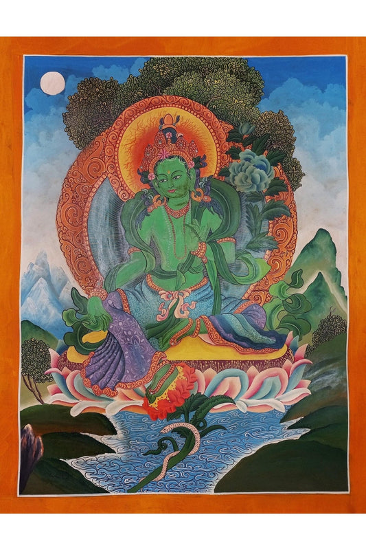 Green Tara Smoky Newari Paubha Painting | Hand - Painted Masterpiece Thangka Painting Original Hand - Painting/ Buddhist Art from Nepal - Tibetan Thangka Art
