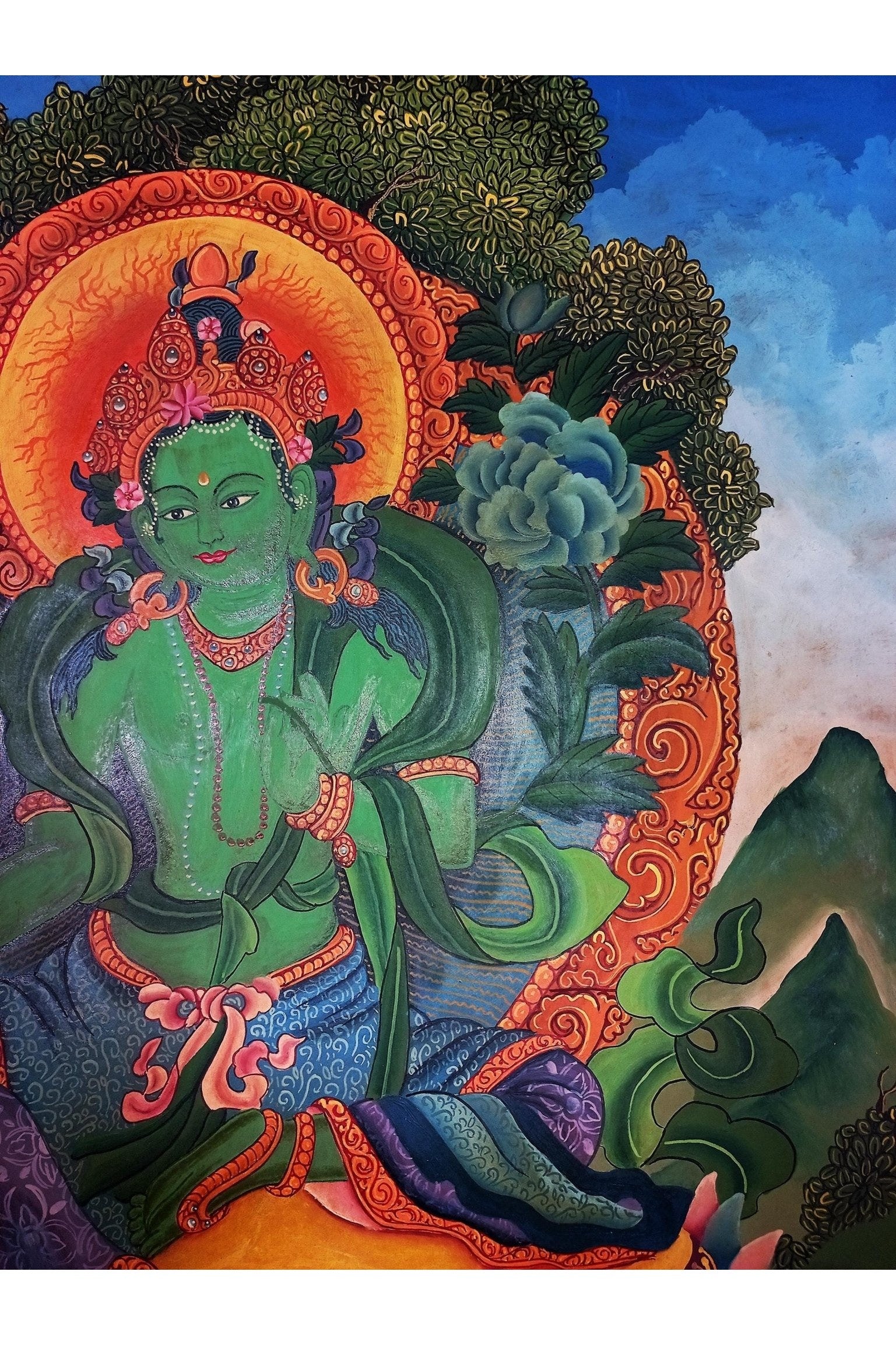 Green Tara Smoky Newari Paubha Painting | Hand - Painted Masterpiece Thangka Painting Original Hand - Painting/ Buddhist Art from Nepal - Tibetan Thangka Art