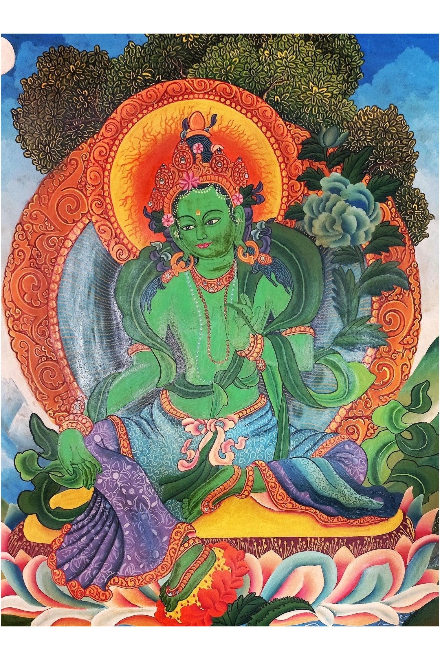 Green Tara Smoky Newari Paubha Painting | Hand - Painted Masterpiece Thangka Painting Original Hand - Painting/ Buddhist Art from Nepal - Tibetan Thangka Art