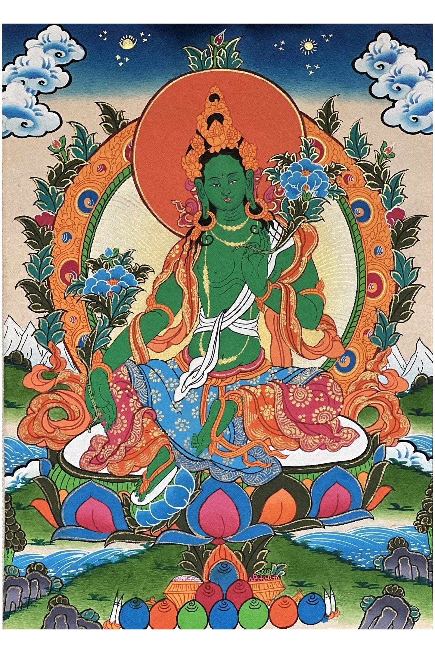 Green Tara/Mother Goddess Original Tibetan Thangka Painting/ Buddhist Meditation Art with Premium Silk Brocade - Tibetan Thangka Art