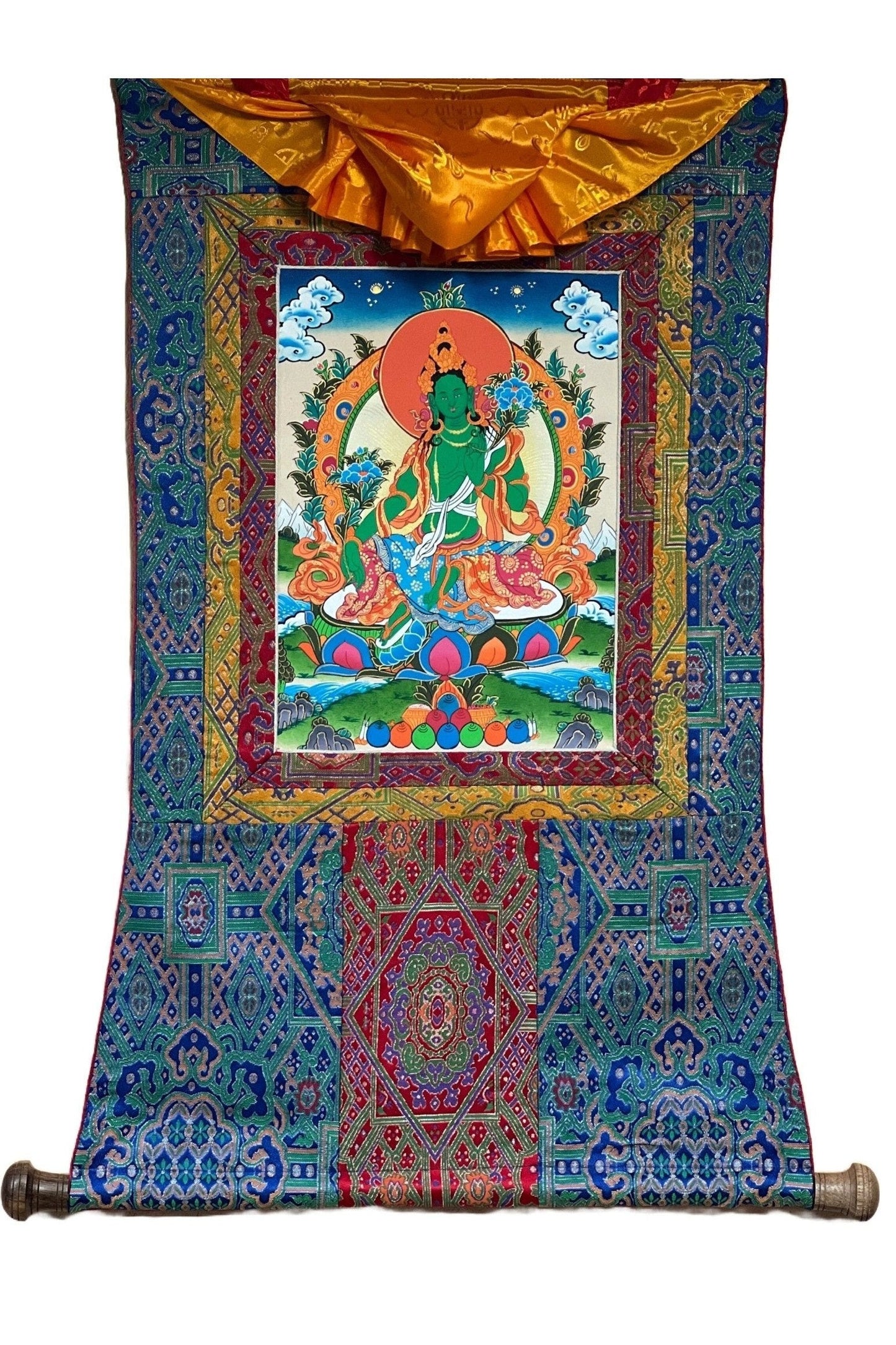 Green Tara/Mother Goddess Original Tibetan Thangka Painting/ Buddhist Meditation Art with Premium Silk Brocade - Tibetan Thangka Art