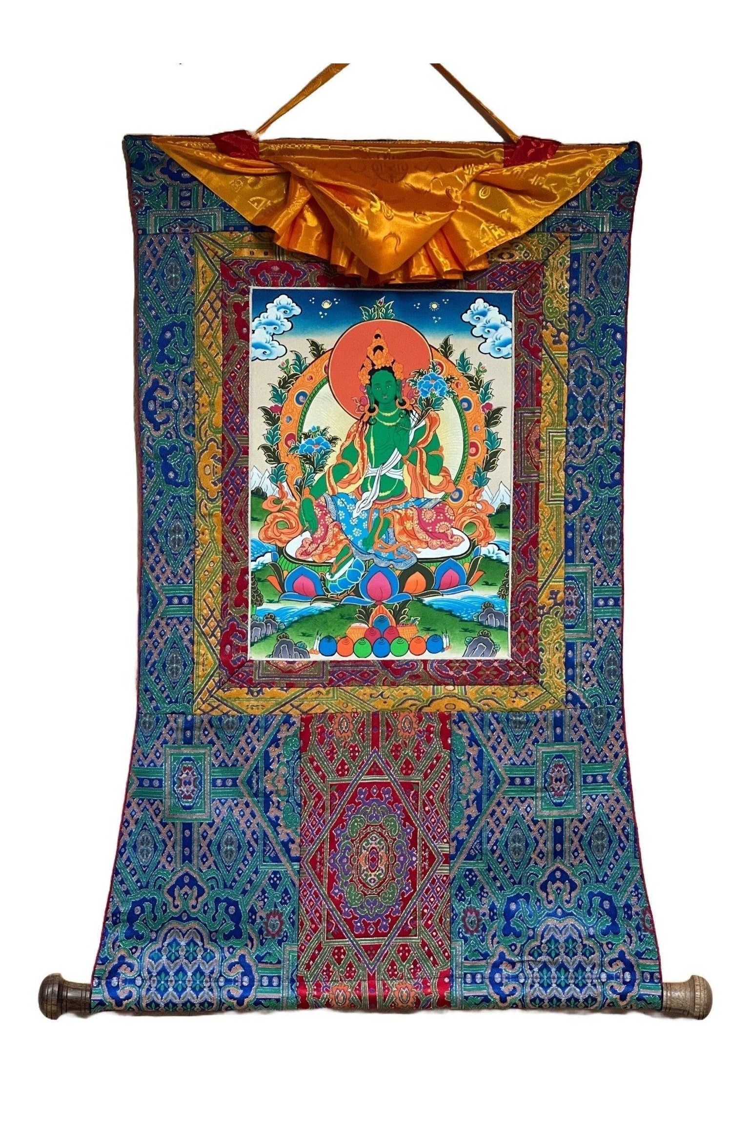 Green Tara/Mother Goddess Original Tibetan Thangka Painting/ Buddhist Meditation Art with Premium Silk Brocade - Tibetan Thangka Art