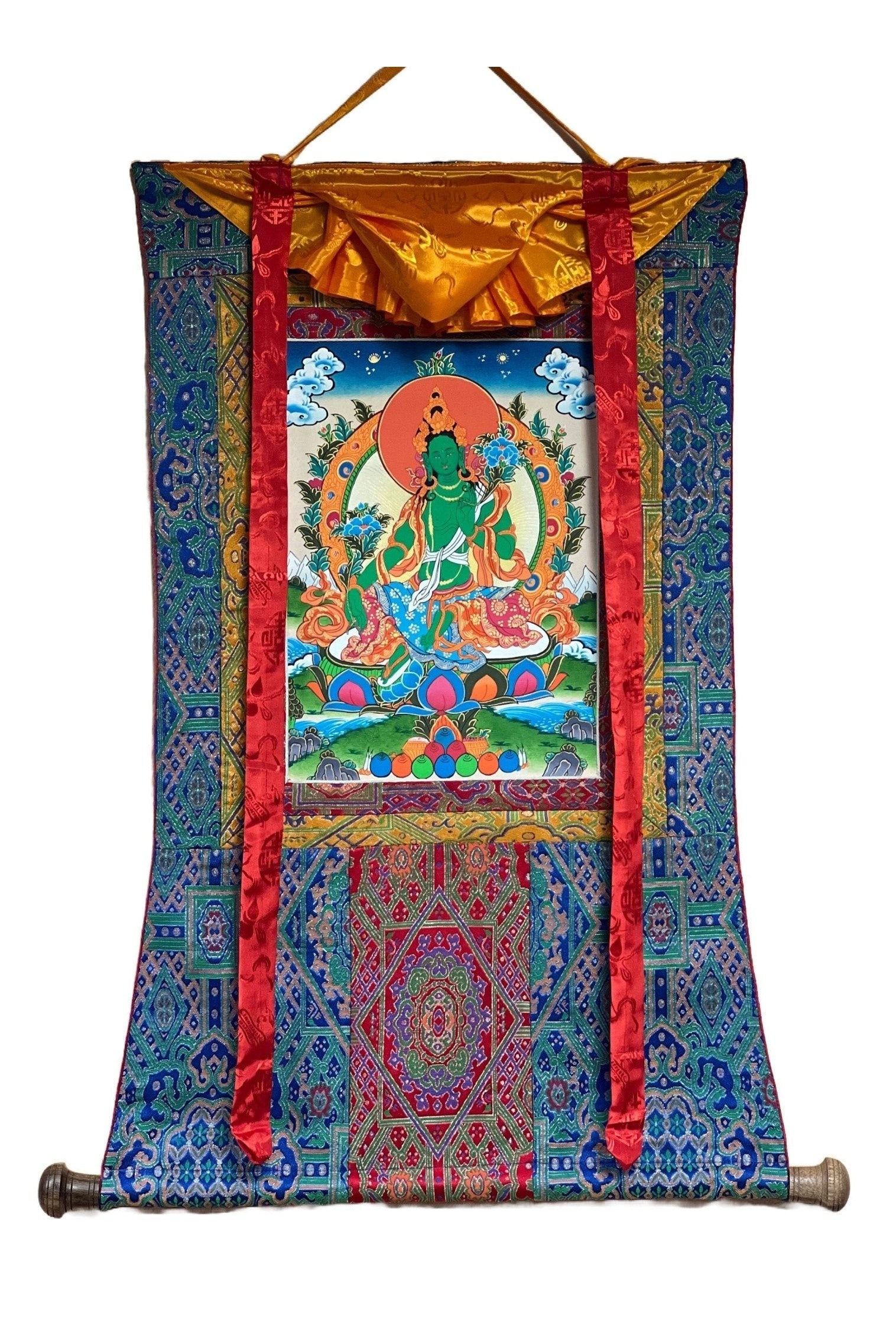 Green Tara/Mother Goddess Original Tibetan Thangka Painting/ Buddhist Meditation Art with Premium Silk Brocade - Tibetan Thangka Art