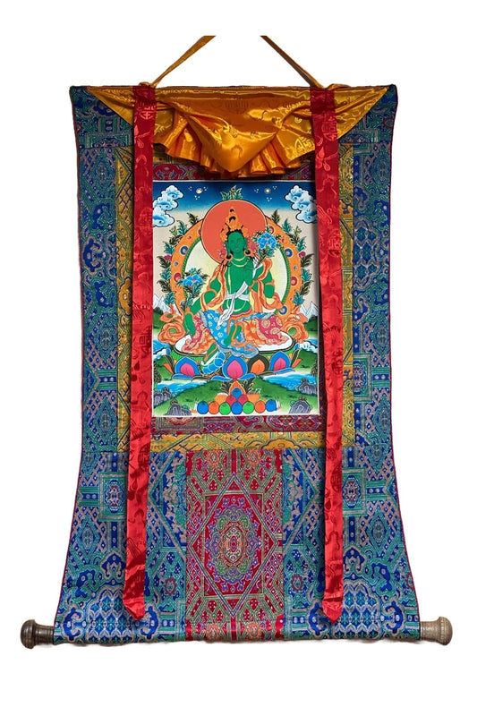Green Tara/Mother Goddess Original Tibetan Thangka Painting/ Buddhist Meditation Art with Premium Silk Brocade - Tibetan Thangka Art