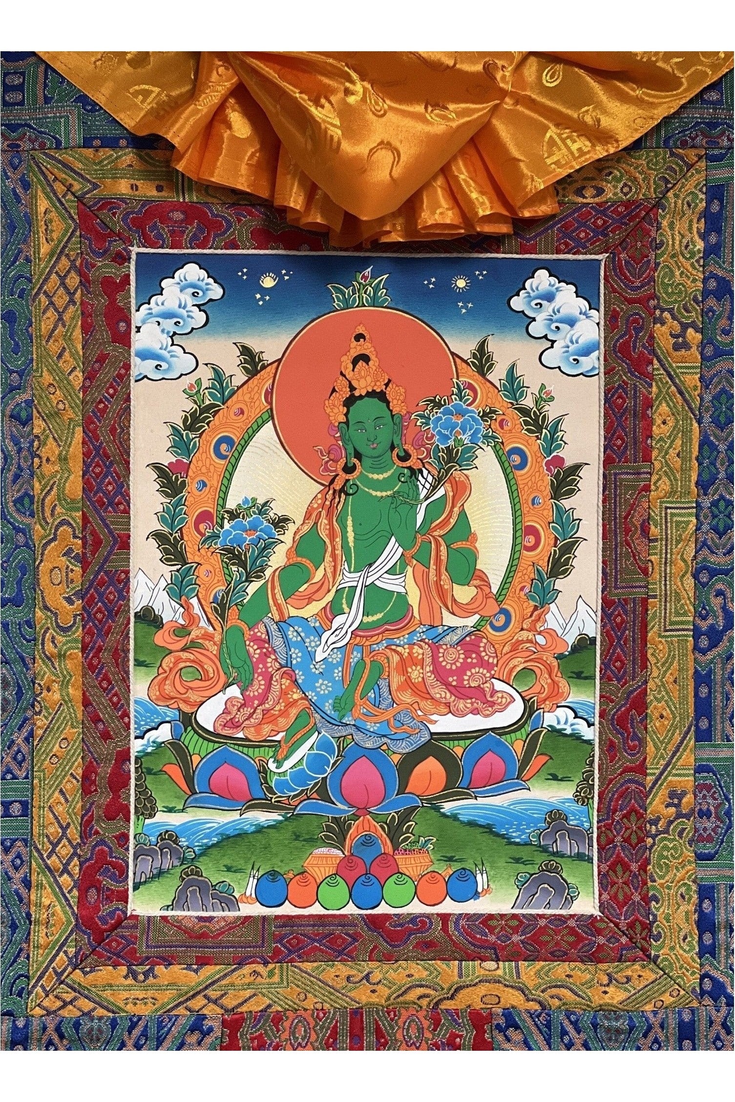 Green Tara/Mother Goddess Original Tibetan Thangka Painting/ Buddhist Meditation Art with Premium Silk Brocade - Tibetan Thangka Art