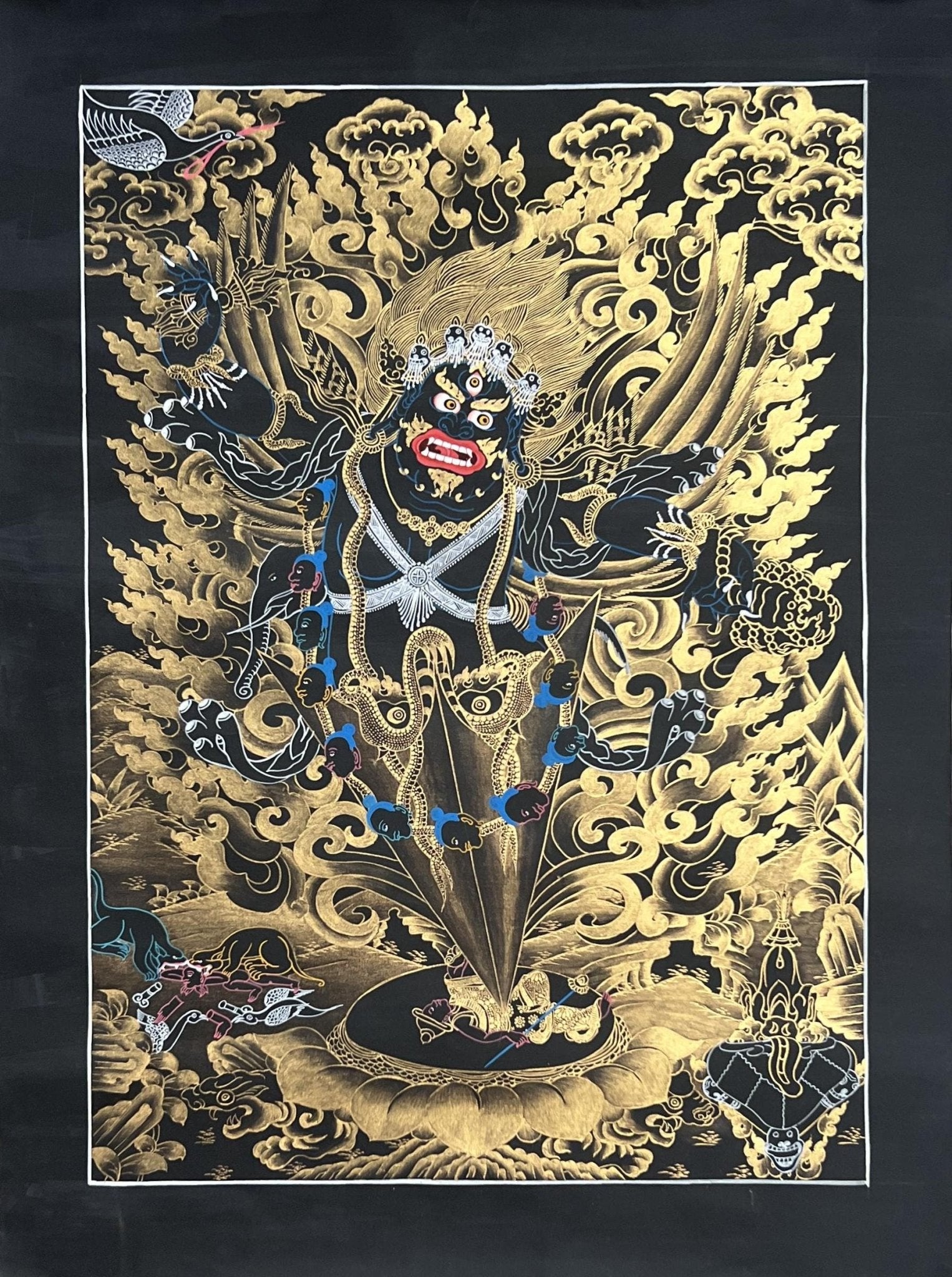 Guru Dragpur/Dragpo/ Vajra Armor Practice Nyingma Tradition Original Hand - painted Masterpiece Black and Gold Tibetan Thangka Painting - Tibetan Thangka Art