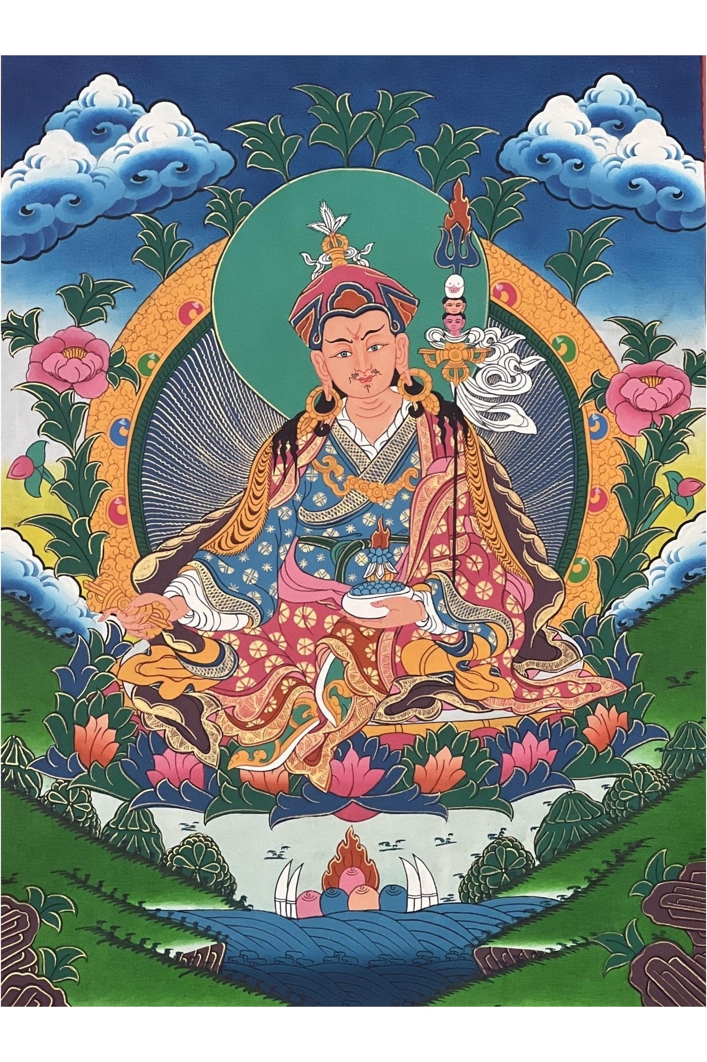 Guru Padmasambhava/ Guru Rinpoche Masterpiece Tibetan Thangka Painting Original Hand - Painted Buddhist Art - Tibetan Thangka Art