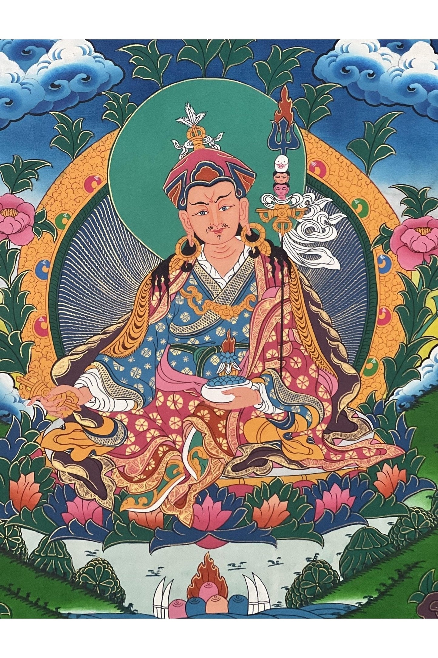 Guru Padmasambhava/ Guru Rinpoche Masterpiece Tibetan Thangka Painting Original Hand - Painted Buddhist Art - Tibetan Thangka Art