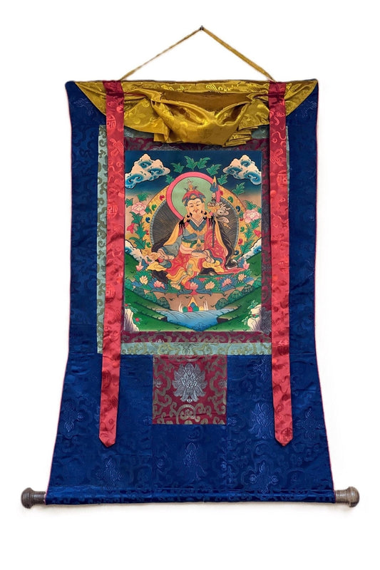 Guru Padmasambhava/ Guru Rinpoche Semi - Old Tibetan Thangka Painting/ Original Hand Painting Buddhist Meditation Art with Silk Brocade - Tibetan Thangka Art