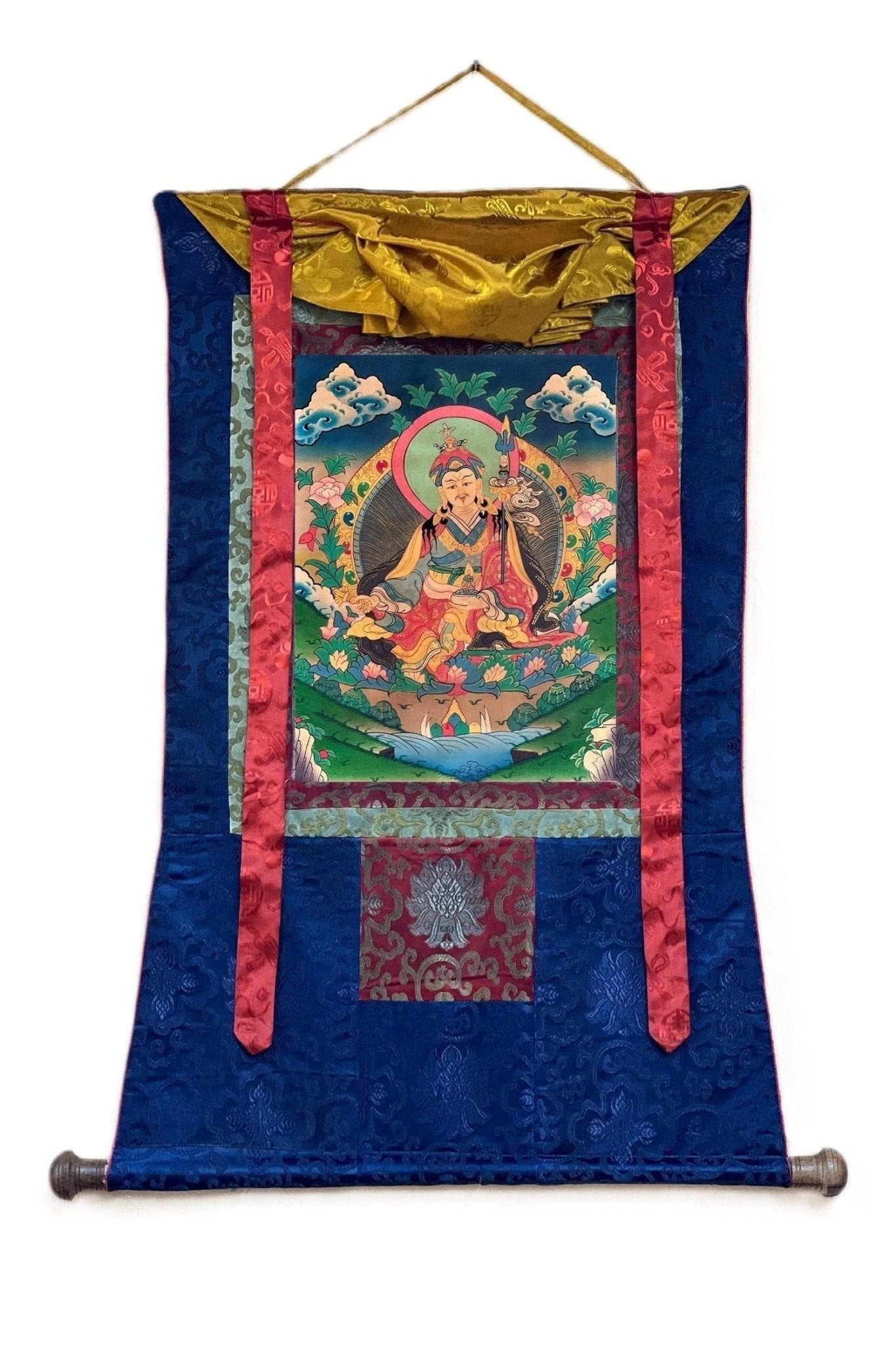 Guru Padmasambhava/ Guru Rinpoche Semi - Old Tibetan Thangka Painting/ Original Hand Painting Buddhist Meditation Art with Silk Brocade - Tibetan Thangka Art