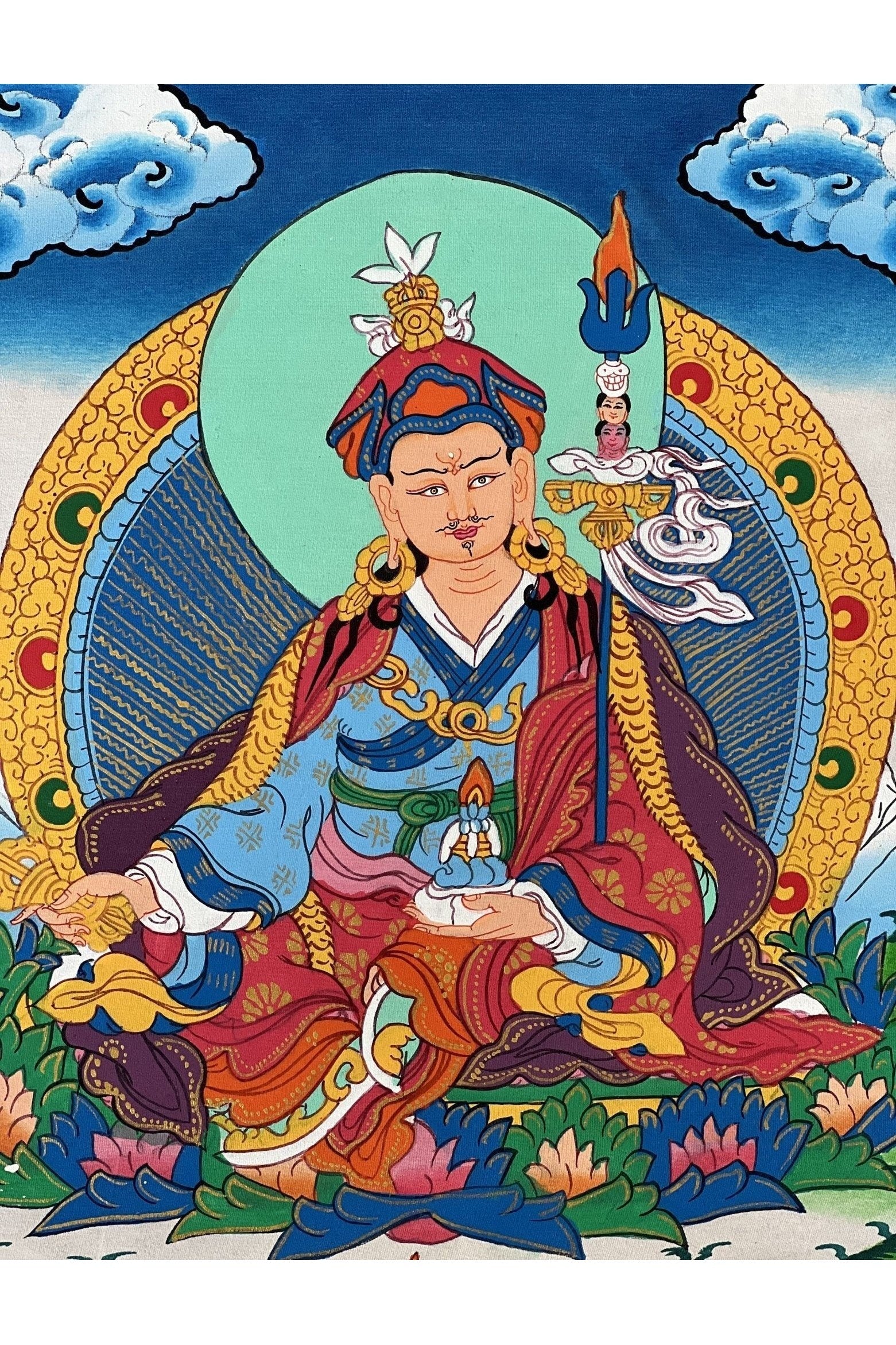Guru Padmasambhava/Guru Rinpoche Tibetan Thangka Painting, Original Art with Silk Brocade - Tibetan Thangka Art