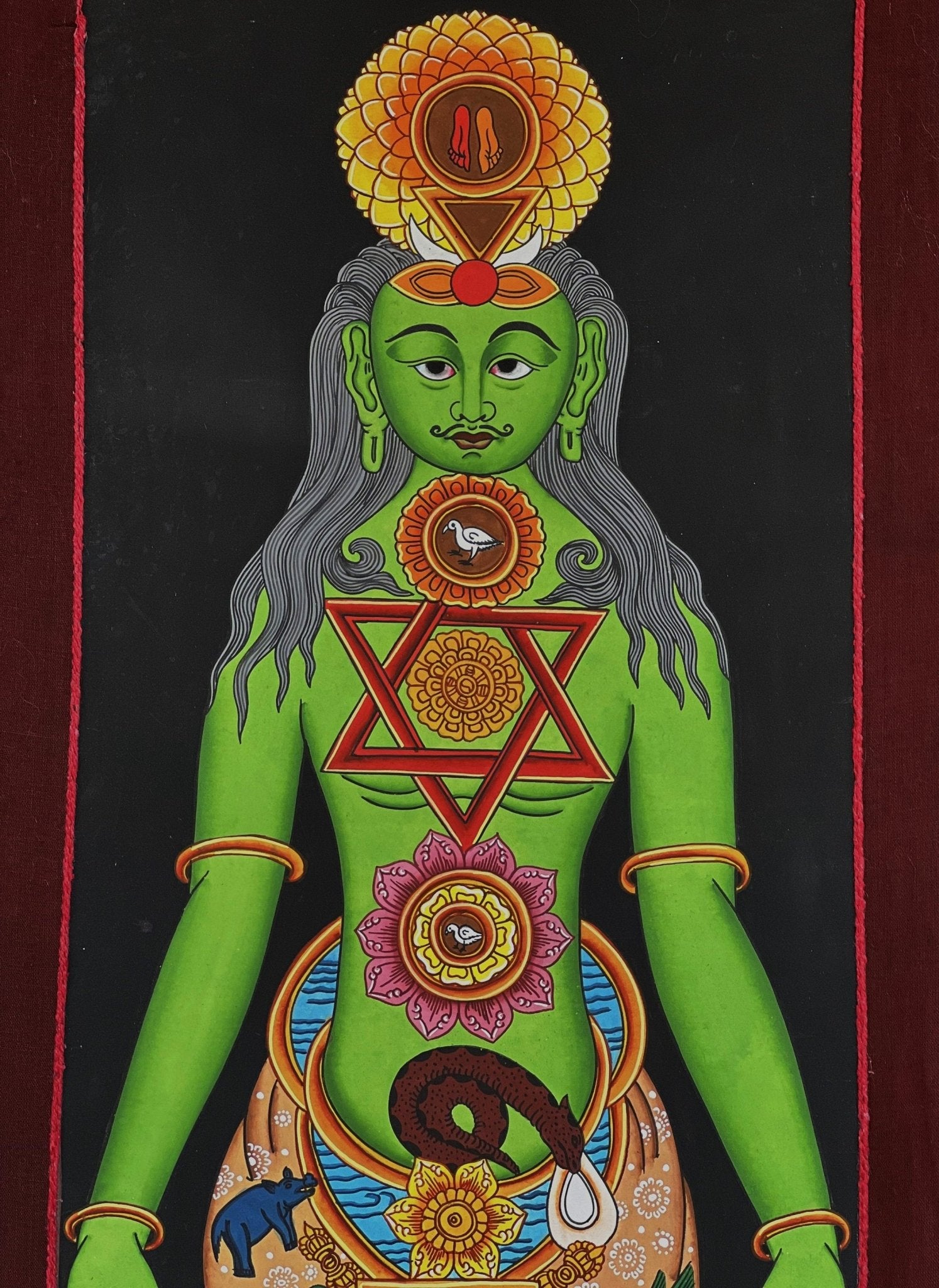 Hand - painted 7 Chakra Yogic Chakra Kundalini Healing Original Tibetan Thangka Panting with Cotton Brocade - Tibetan Thangka Art
