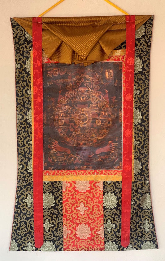 Hand - painted Bhavachakra Mandala, Buddha Life, Tibetan Thangka, Painting, with Silk Brocade - Tibetan Thangka Art