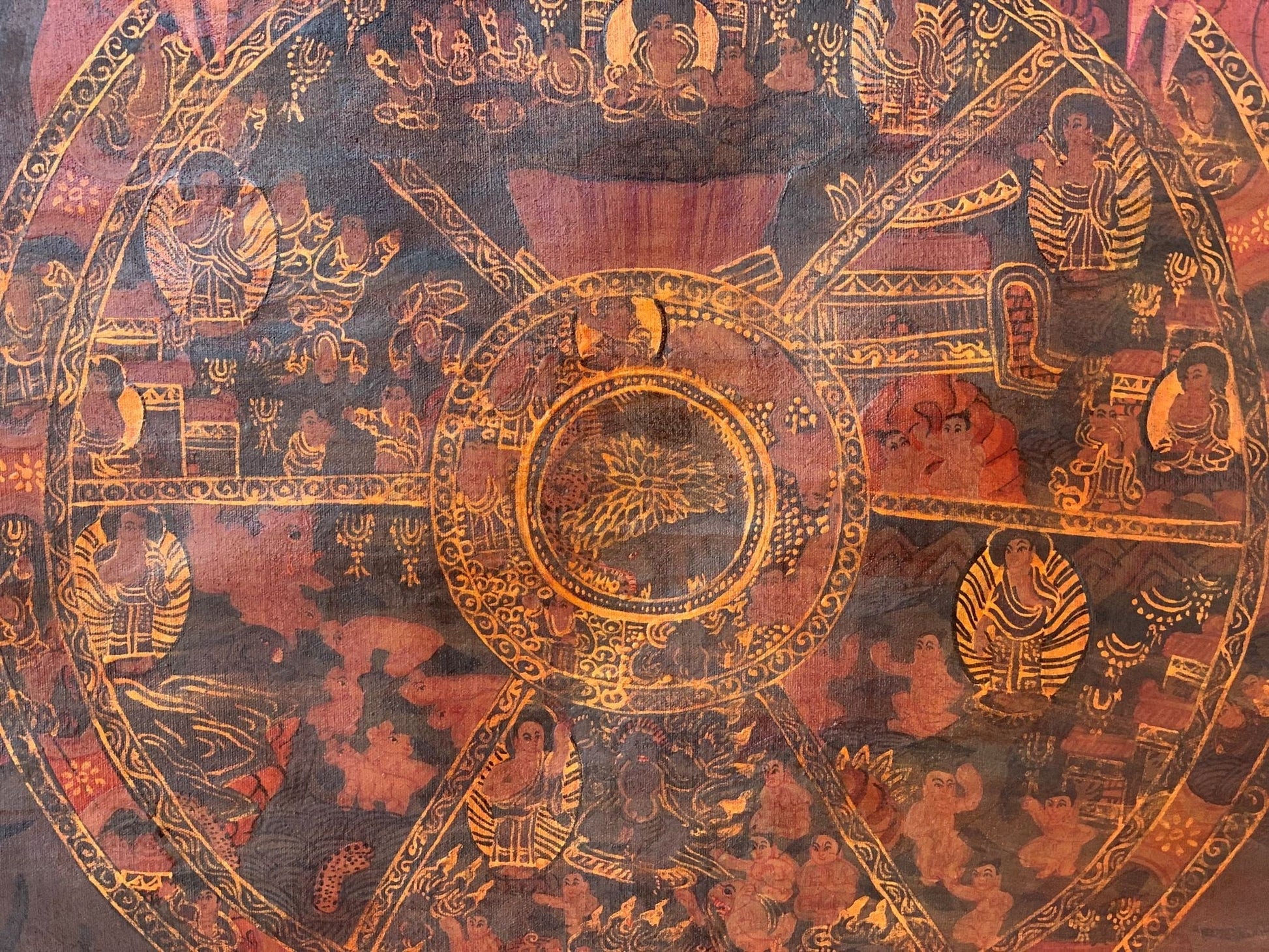 Hand - painted Bhavachakra Mandala, Buddha Life, Tibetan Thangka, Painting, with Silk Brocade - Tibetan Thangka Art