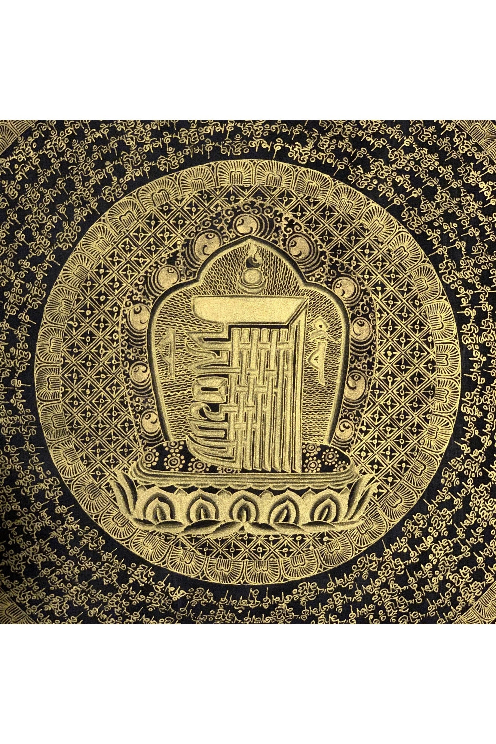 Hand Painted Black and Gold Kalachakra 10 fold Seed Syllable Mantra Mandala Tibetan Thangka Painting Original Protection Meditation Art - Tibetan Thangka Art