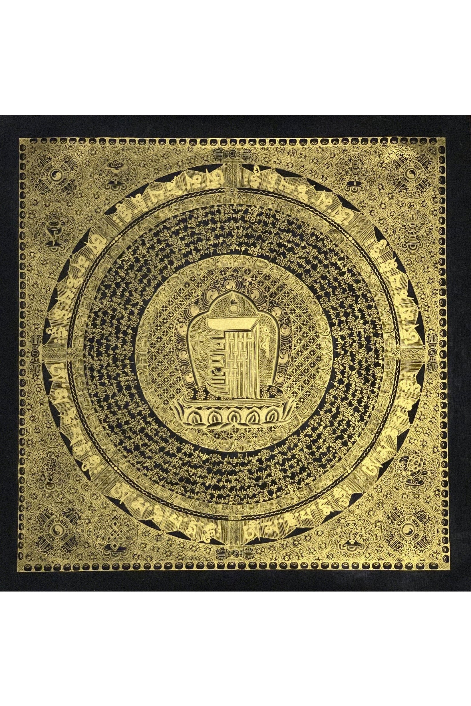 Hand Painted Black and Gold Kalachakra 10 fold Seed Syllable Mantra Mandala Tibetan Thangka Painting Original Protection Meditation Art - Tibetan Thangka Art