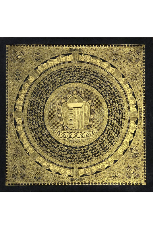Hand Painted Black and Gold Kalachakra 10 fold Seed Syllable Mantra Mandala Tibetan Thangka Painting Original Protection Meditation Art - Tibetan Thangka Art