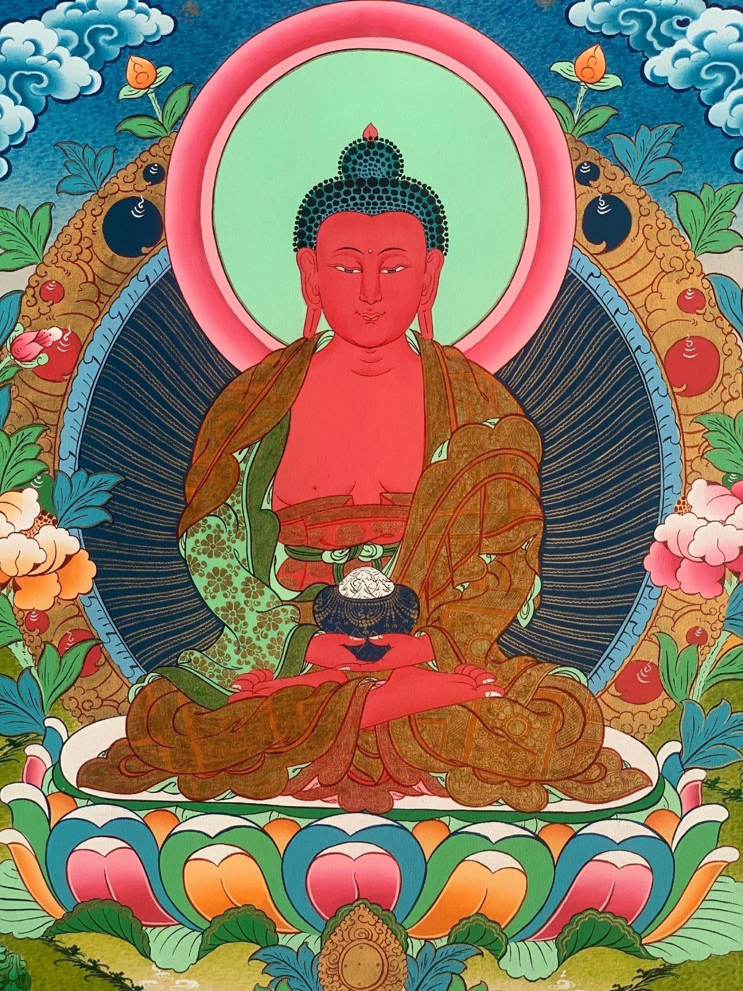 Hand - painted Buddha Amitabha/ Amitayus/ Buddha of Eternal Life Original Tibetan Thangka, Painting - Tibetan Thangka Art