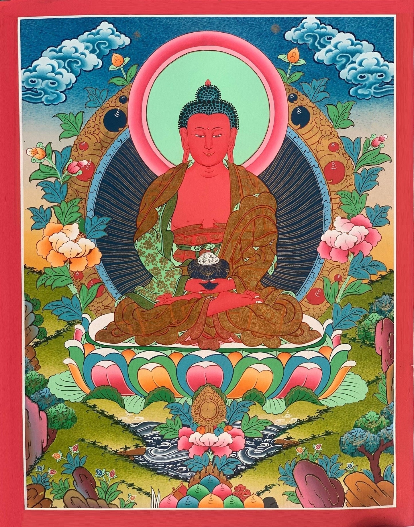 Hand - painted Buddha Amitabha/ Amitayus/ Buddha of Eternal Life Original Tibetan Thangka, Painting - Tibetan Thangka Art