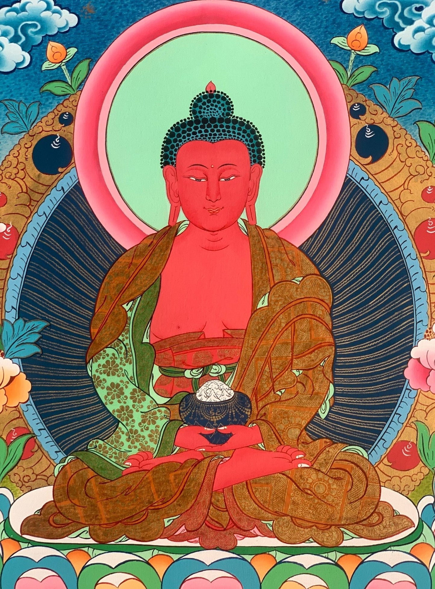 Hand - painted Buddha Amitabha/ Amitayus/ Buddha of Eternal Life Original Tibetan Thangka, Painting - Tibetan Thangka Art