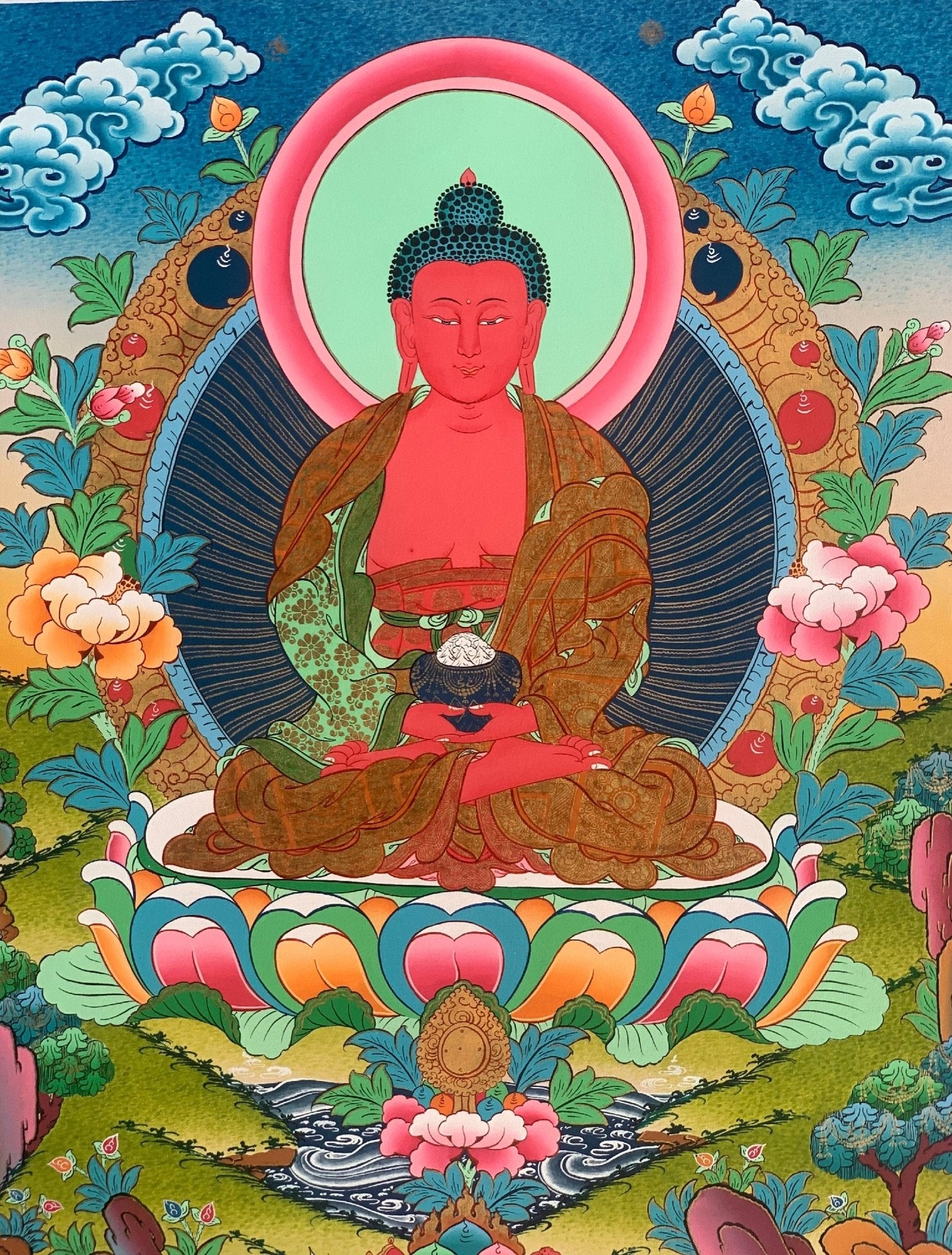 Hand - painted Buddha Amitabha/ Amitayus/ Buddha of Eternal Life Original Tibetan Thangka, Painting - Tibetan Thangka Art