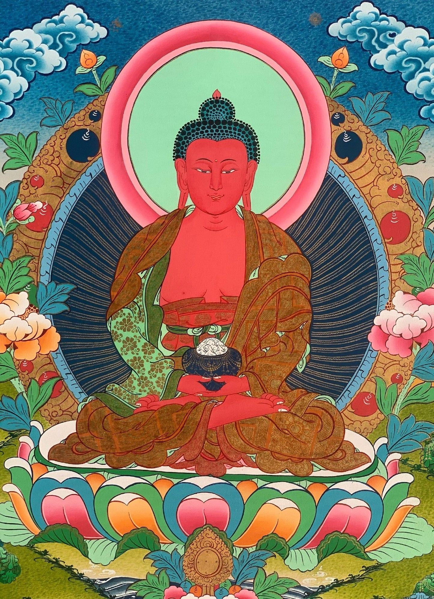 Hand - painted Buddha Amitabha/ Amitayus/ Buddha of Eternal Life Original Tibetan Thangka, Painting - Tibetan Thangka Art