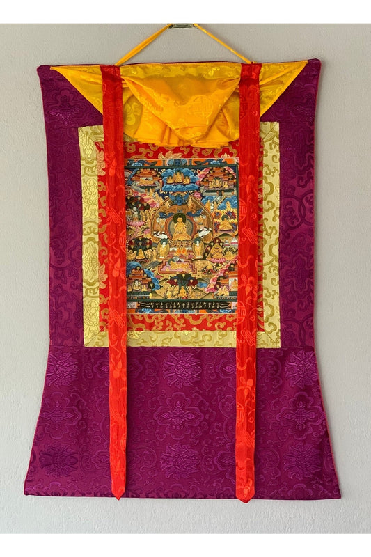 Hand Painted Buddha Life, Samsara Chakra Mandala Thangka Painting Original Art with Silk Brocade - Tibetan Thangka Art