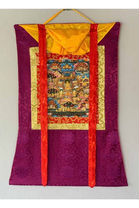 Hand Painted Buddha Life, Samsara Chakra Mandala Thangka Painting Original Art with Silk Brocade - Tibetan Thangka Art