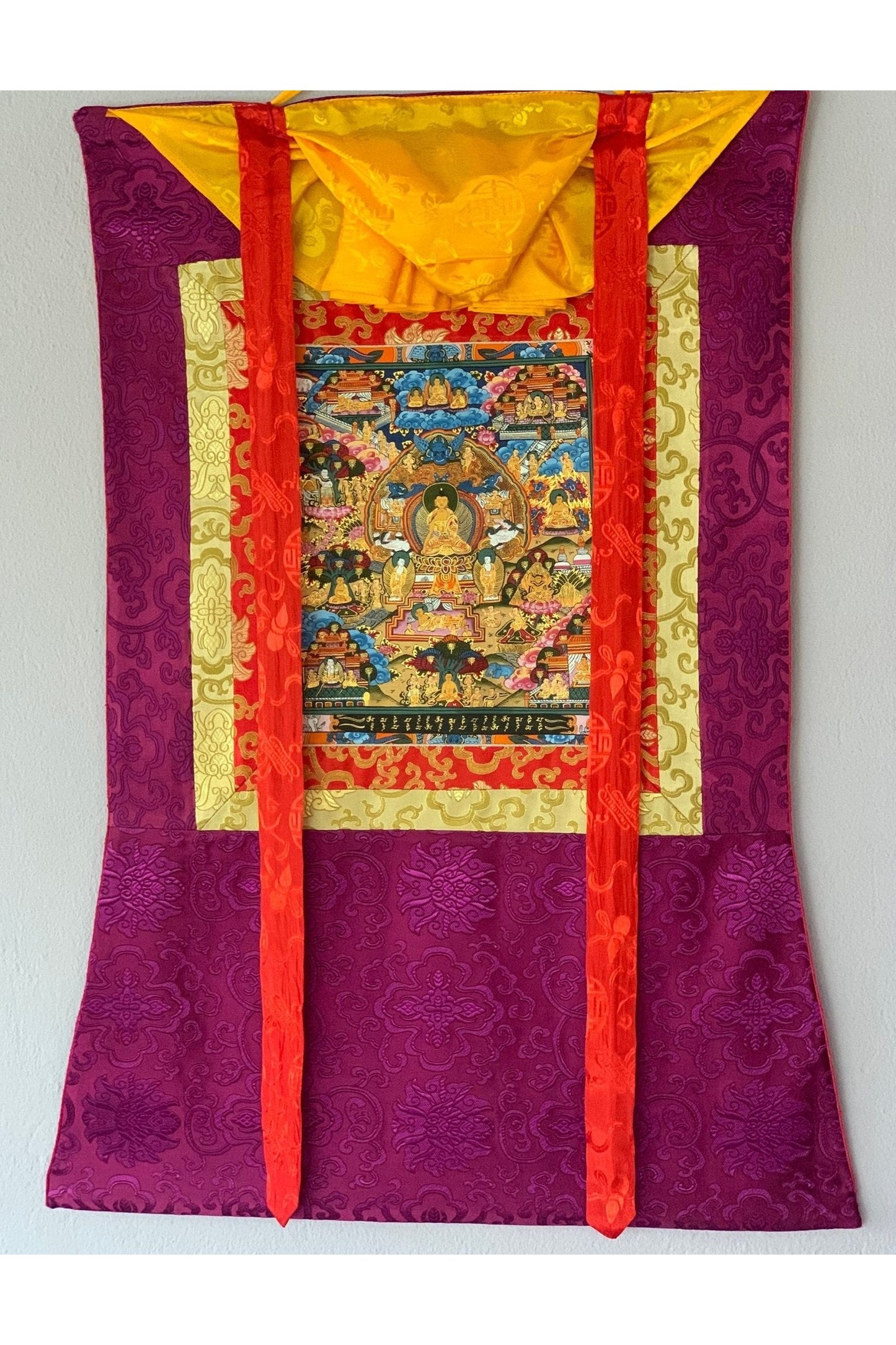 Hand Painted Buddha Life, Samsara Chakra Mandala Thangka Painting Original Art with Silk Brocade - Tibetan Thangka Art
