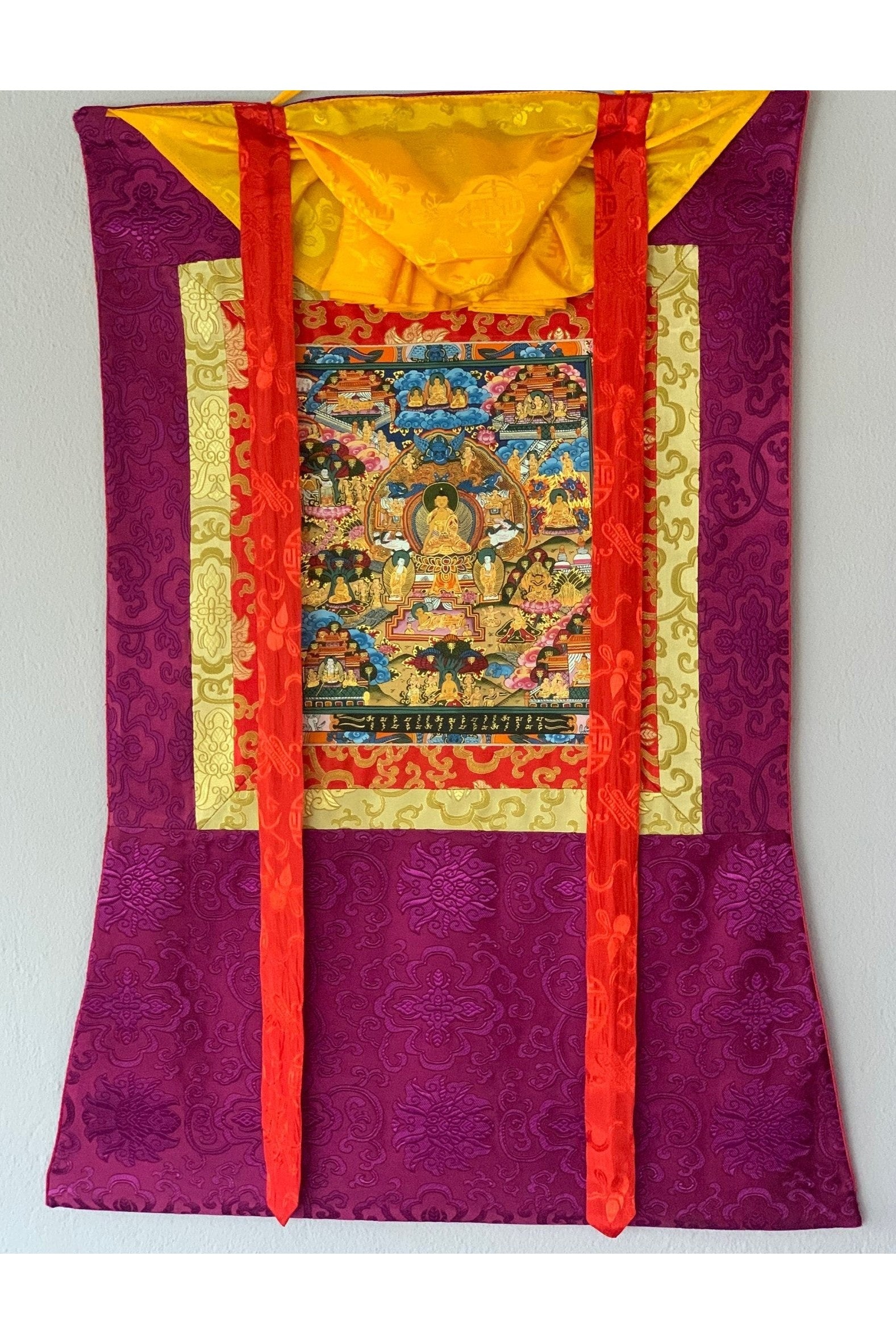 Hand Painted Buddha Life, Samsara Chakra Mandala Thangka Painting Original Art with Silk Brocade - Tibetan Thangka Art