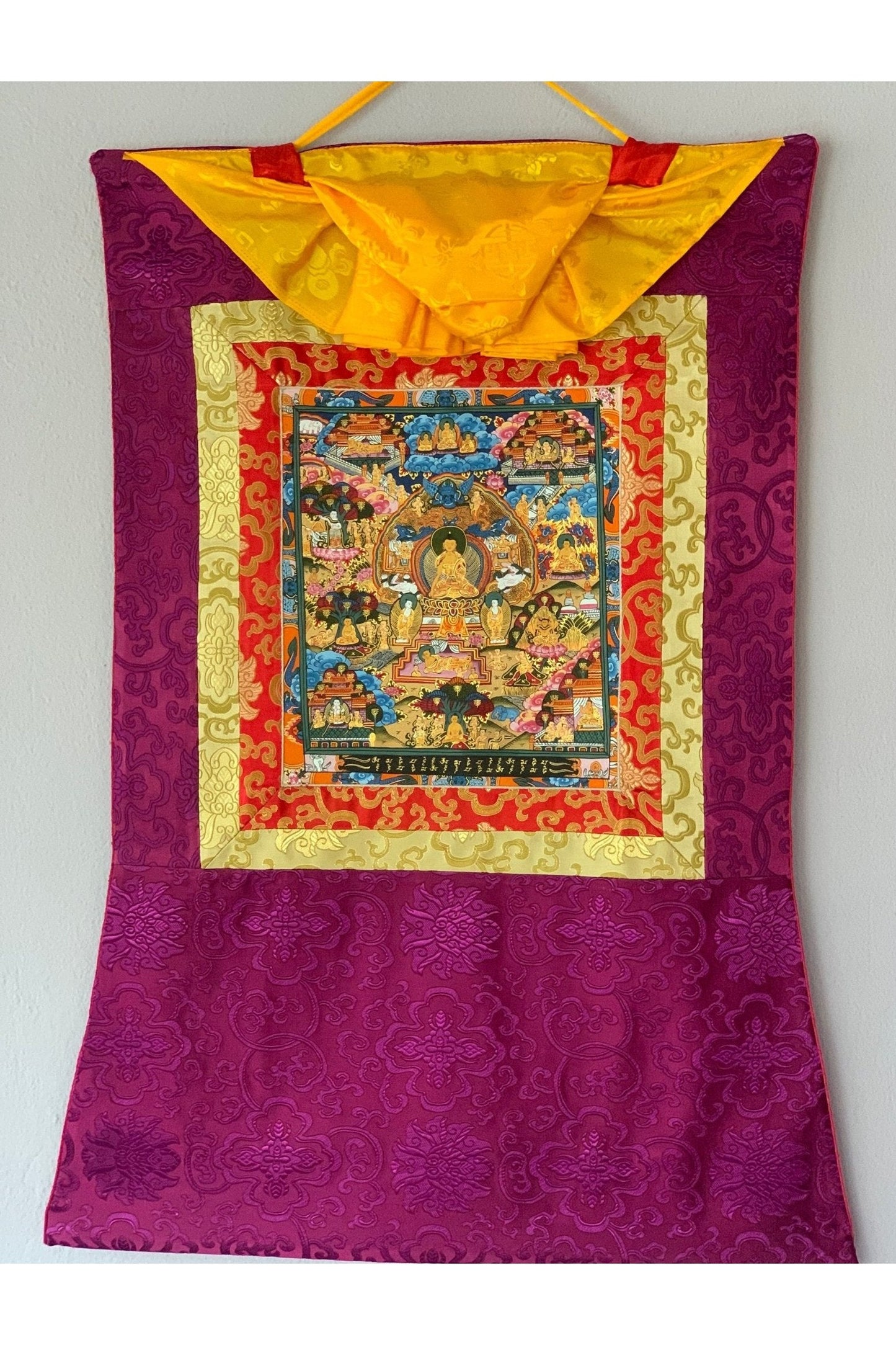 Hand Painted Buddha Life, Samsara Chakra Mandala Thangka Painting Original Art with Silk Brocade - Tibetan Thangka Art