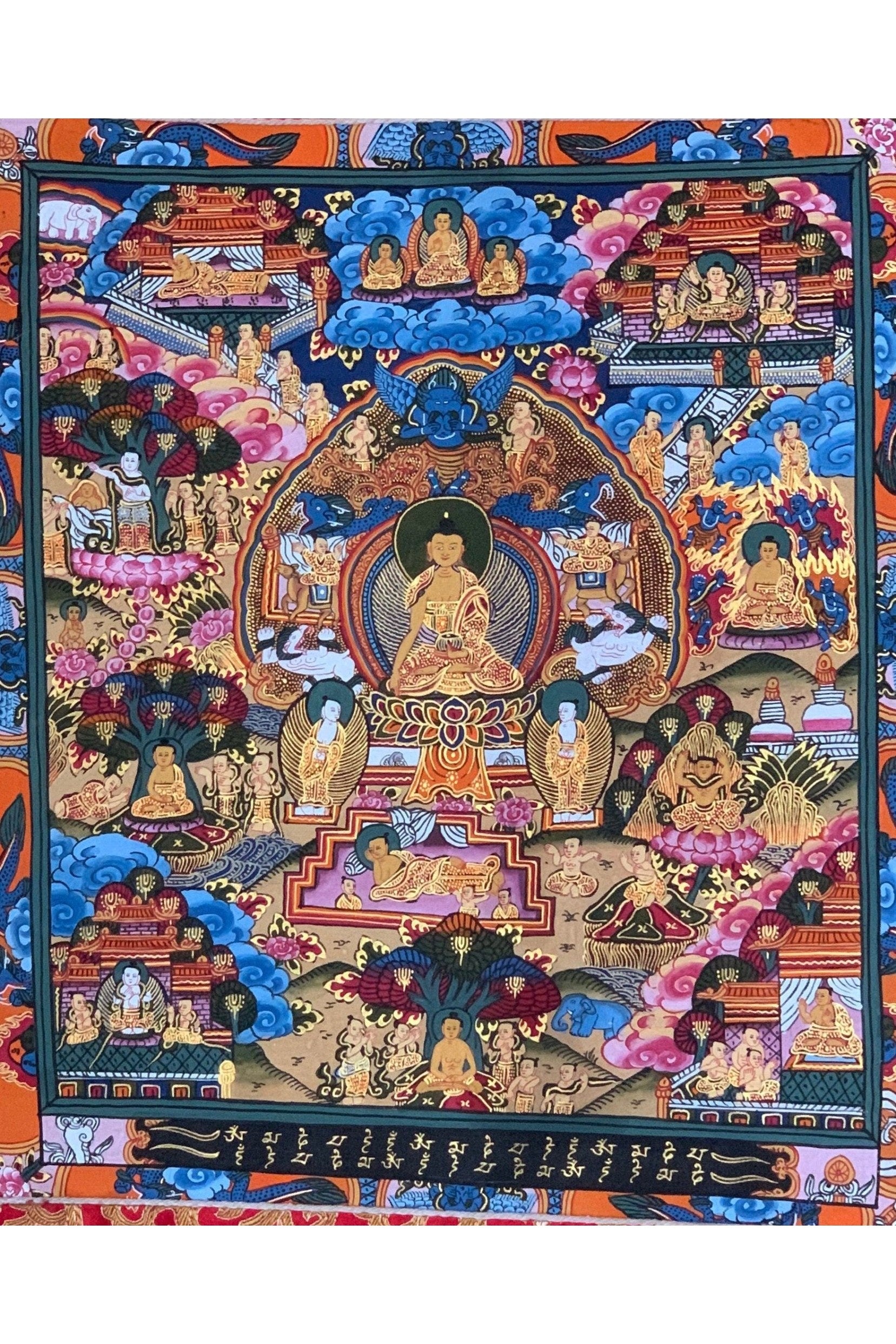 Hand Painted Buddha Life, Samsara Chakra Mandala Thangka Painting Original Art with Silk Brocade - Tibetan Thangka Art