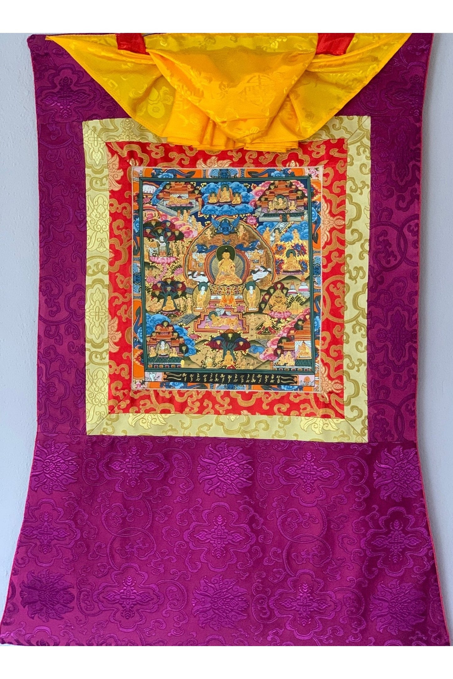 Hand Painted Buddha Life, Samsara Chakra Mandala Thangka Painting Original Art with Silk Brocade - Tibetan Thangka Art