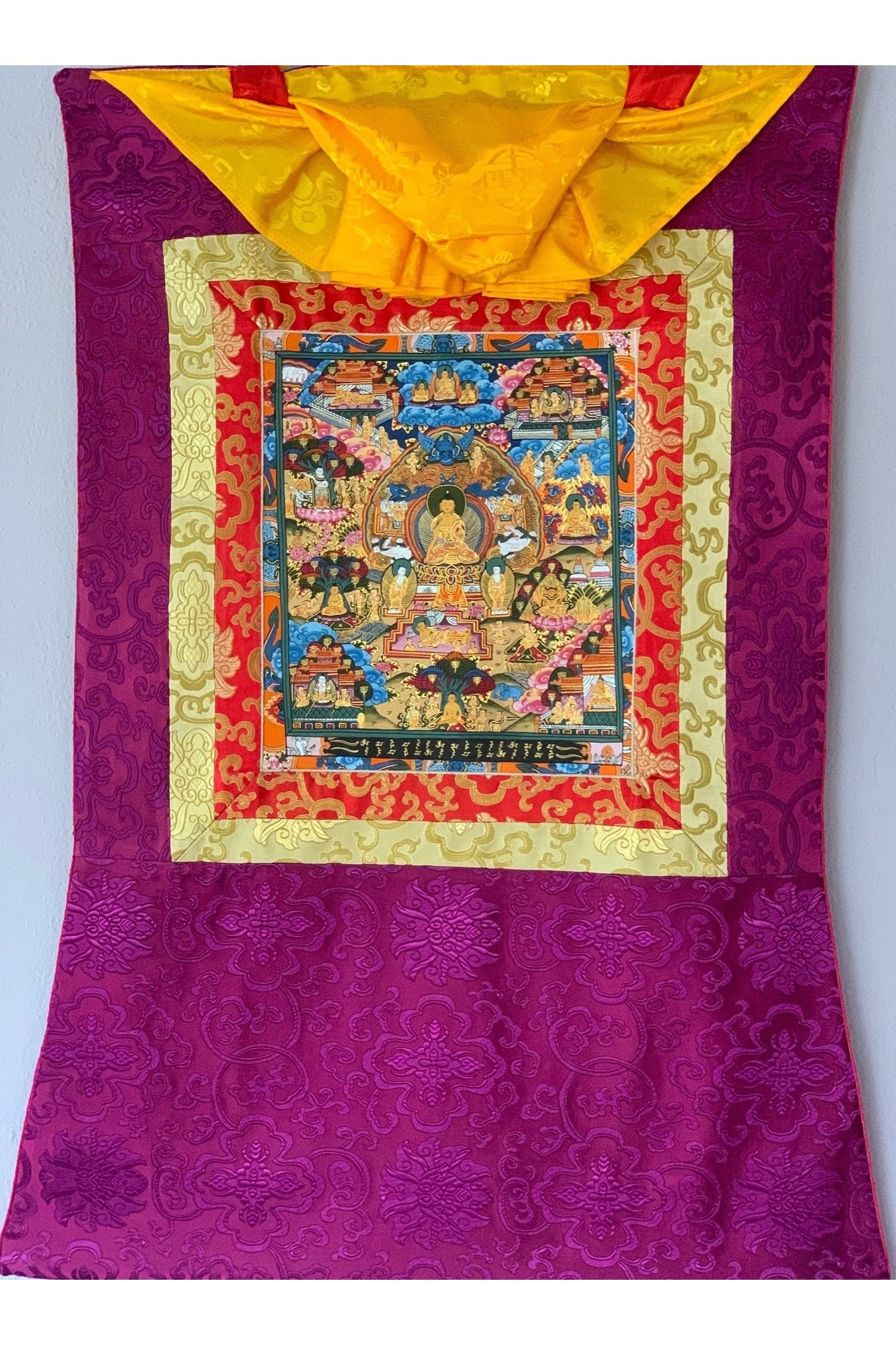 Hand Painted Buddha Life, Samsara Chakra Mandala Thangka Painting Original Art with Silk Brocade - Tibetan Thangka Art