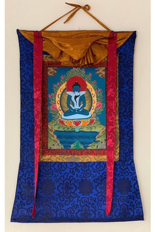 Hand Painted Buddha Shakti, Samantabhadra, Tibetan Thangka Painting, Original Art with Silk Brocade (Frame) - Tibetan Thangka Art