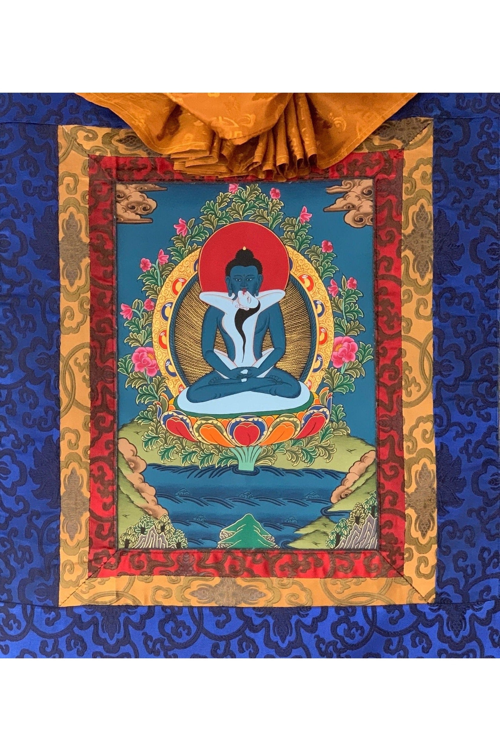 Hand Painted Buddha Shakti, Samantabhadra, Tibetan Thangka Painting, Original Art with Silk Brocade (Frame) - Tibetan Thangka Art