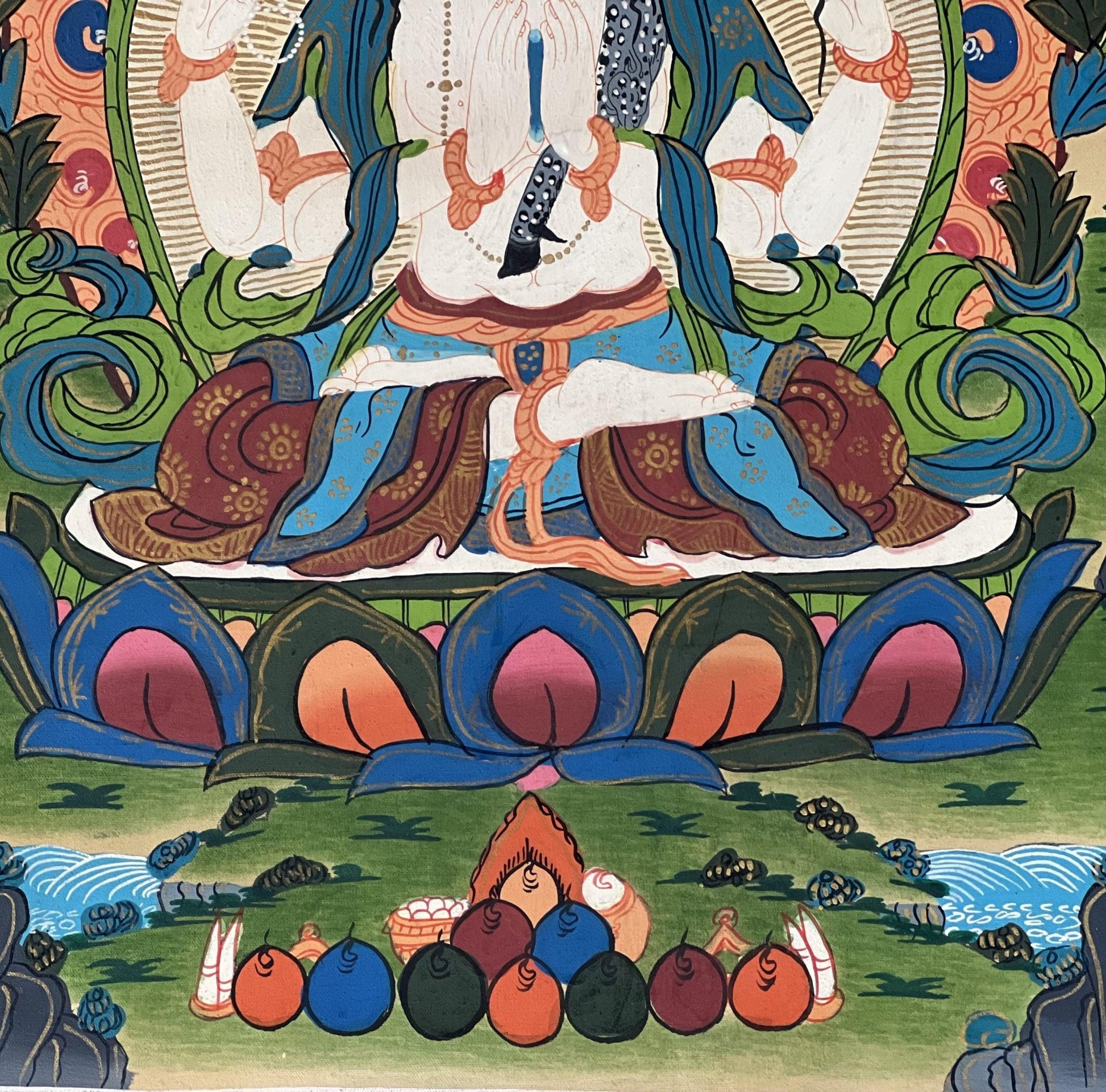 Hand - Painted Chenrezig (Avalokiteshvara) Thangka - Tibetan Compassion Buddha Meditation Painting with Semi - Old Smoky Finish in Silk Brocade. - Tibetan Thangka Art