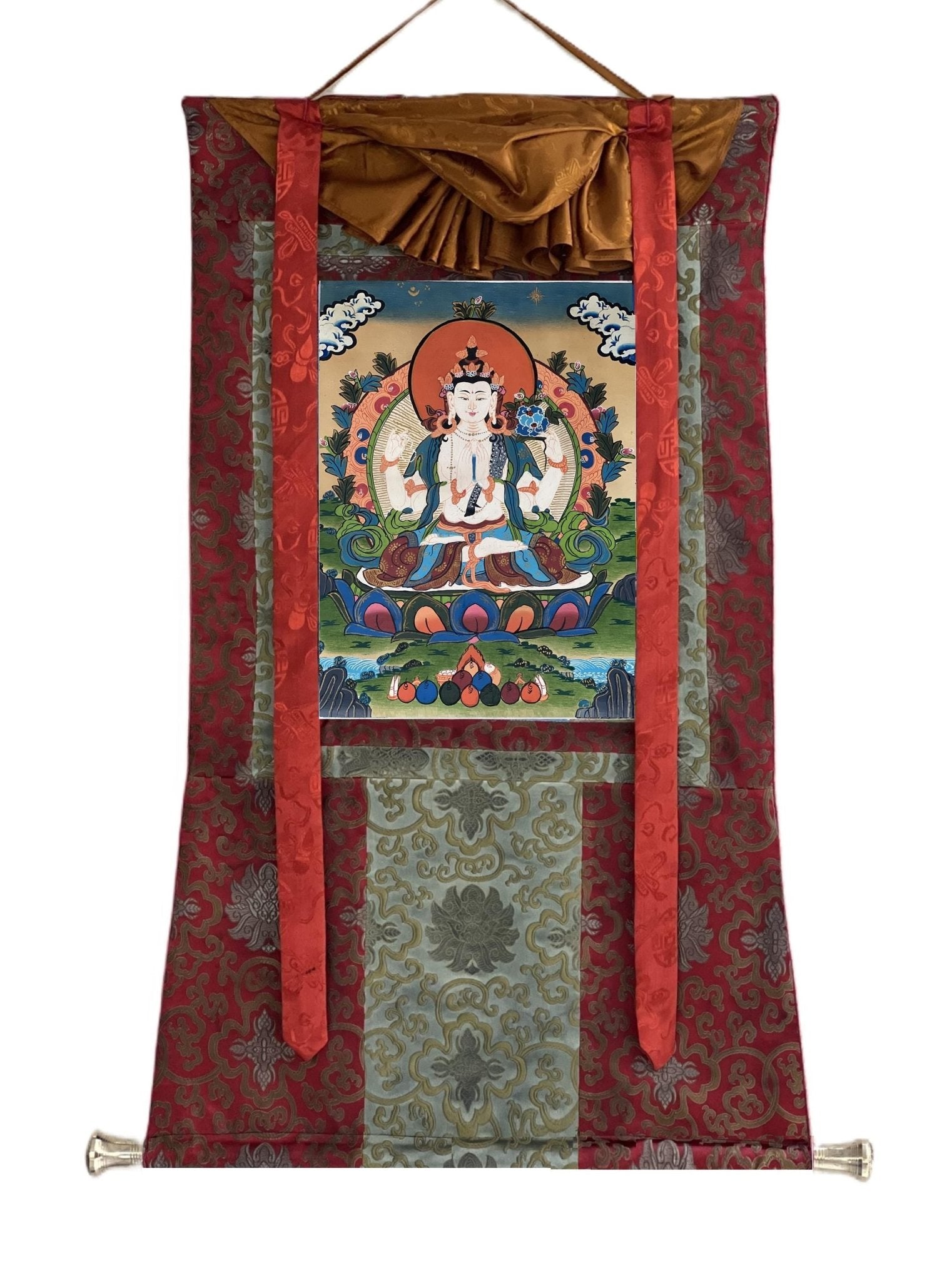Hand - Painted Chenrezig (Avalokiteshvara) Thangka - Tibetan Compassion Buddha Meditation Painting with Semi - Old Smoky Finish in Silk Brocade. - Tibetan Thangka Art
