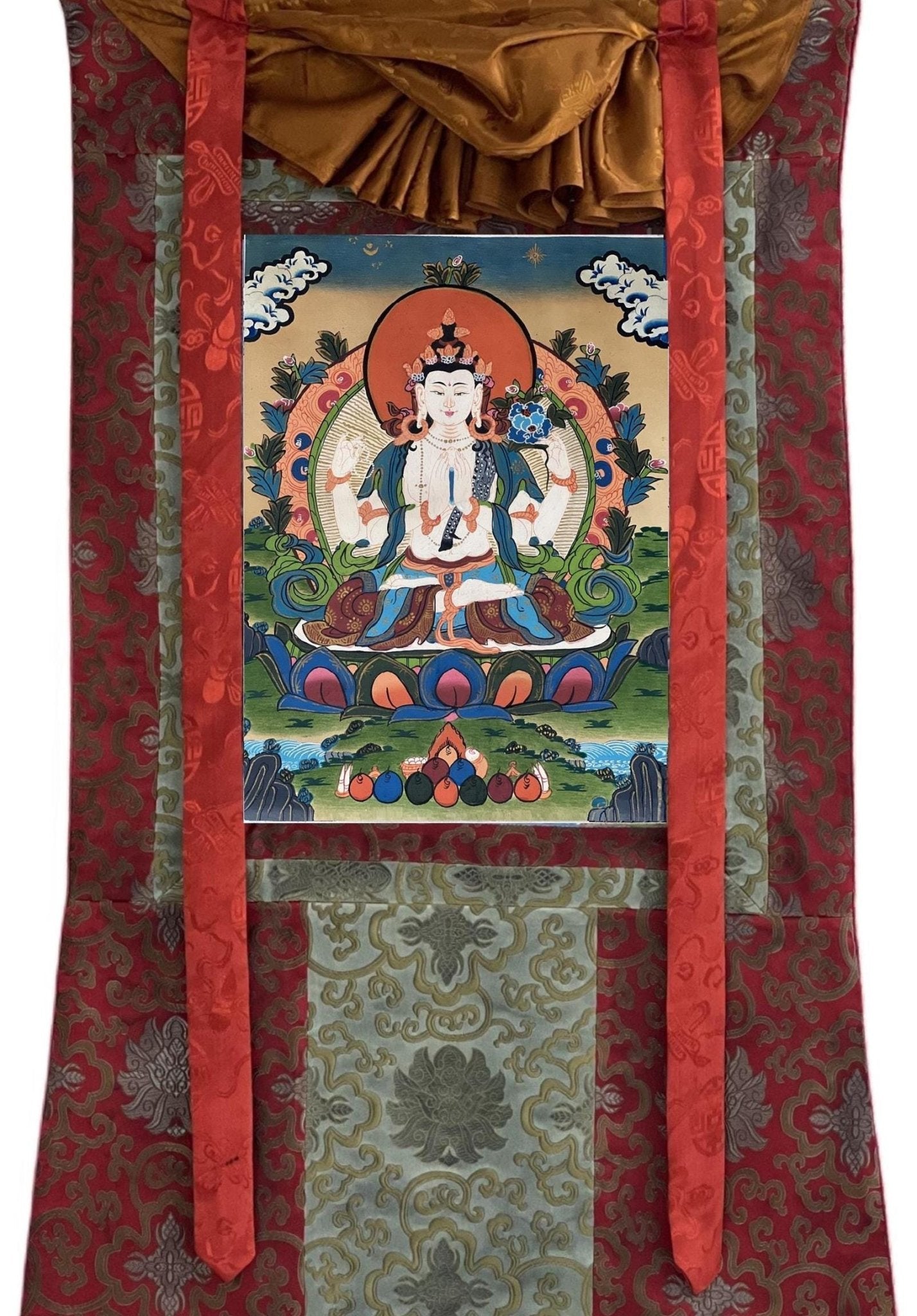 Hand - Painted Chenrezig (Avalokiteshvara) Thangka - Tibetan Compassion Buddha Meditation Painting with Semi - Old Smoky Finish in Silk Brocade. - Tibetan Thangka Art