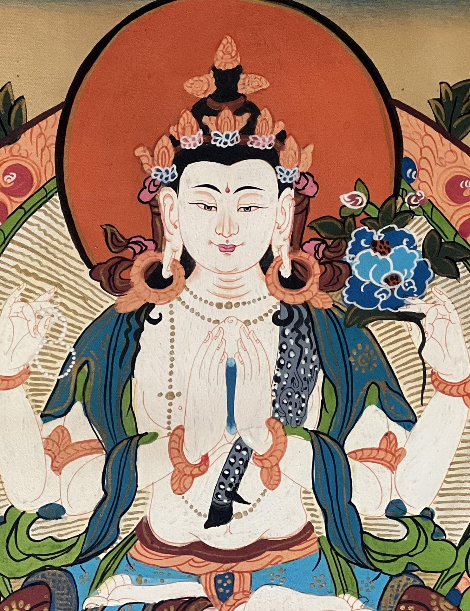Hand - Painted Chenrezig (Avalokiteshvara) Thangka - Tibetan Compassion Buddha Meditation Painting with Semi - Old Smoky Finish in Silk Brocade. - Tibetan Thangka Art