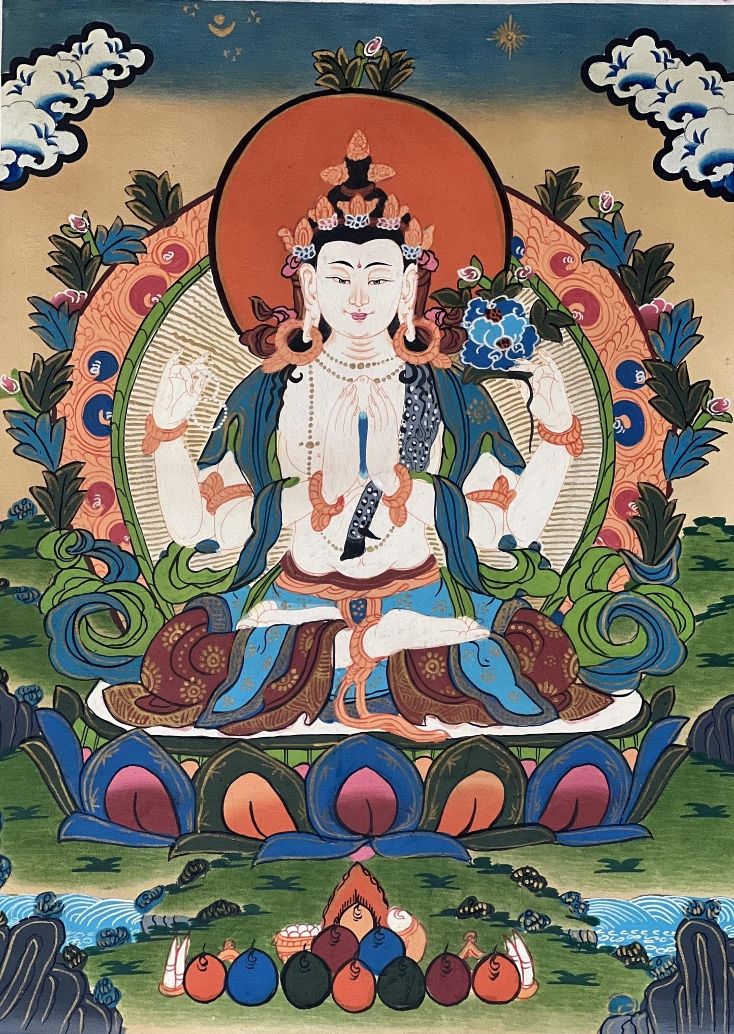 Hand - Painted Chenrezig (Avalokiteshvara) Thangka - Tibetan Compassion Buddha Meditation Painting with Semi - Old Smoky Finish in Silk Brocade. - Tibetan Thangka Art